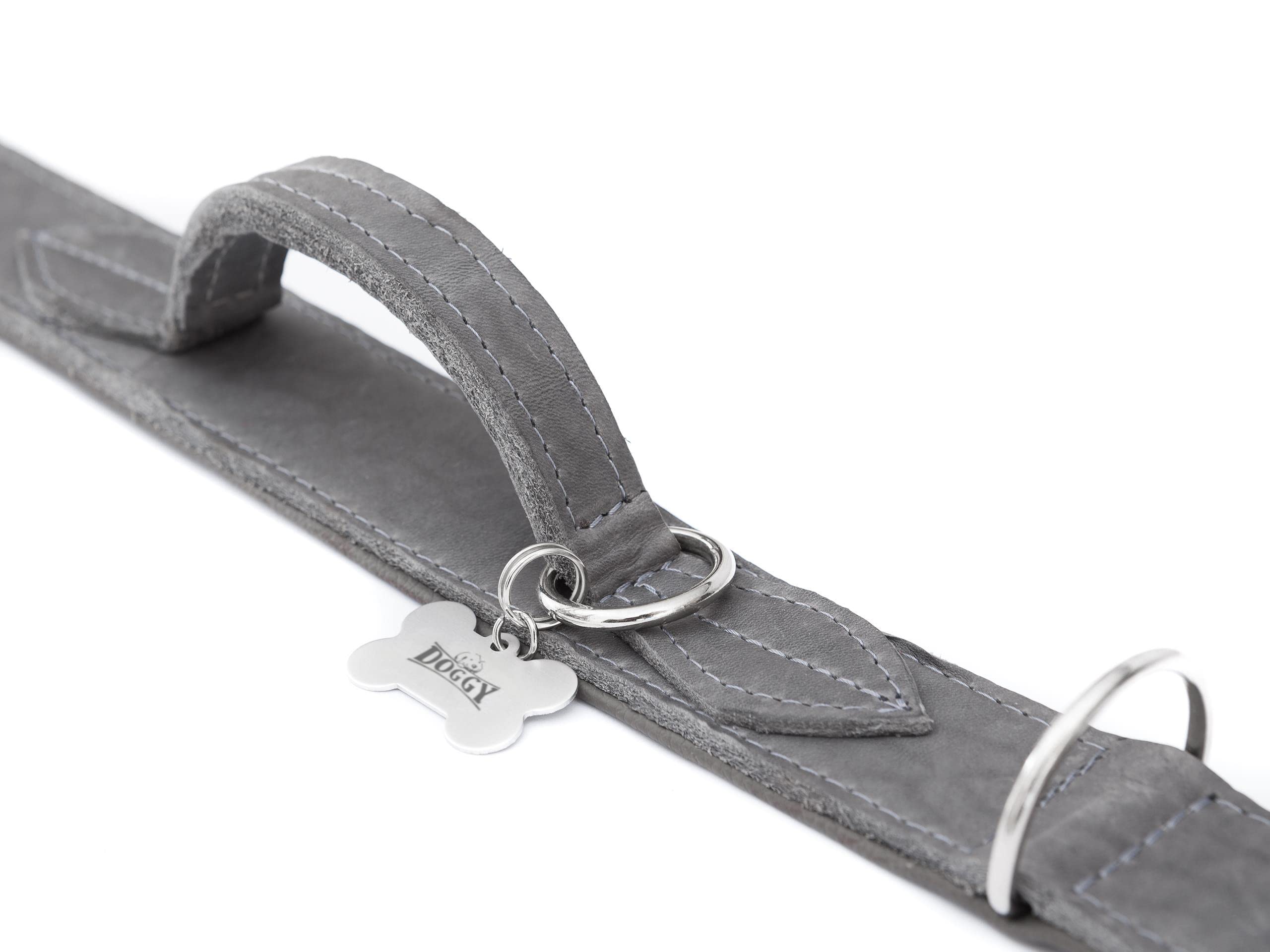 Collier pour chien en cuir avec poignée - Collier en cuir pour chien - Collier avec boucle en métal - Cendre - 47-54 cm