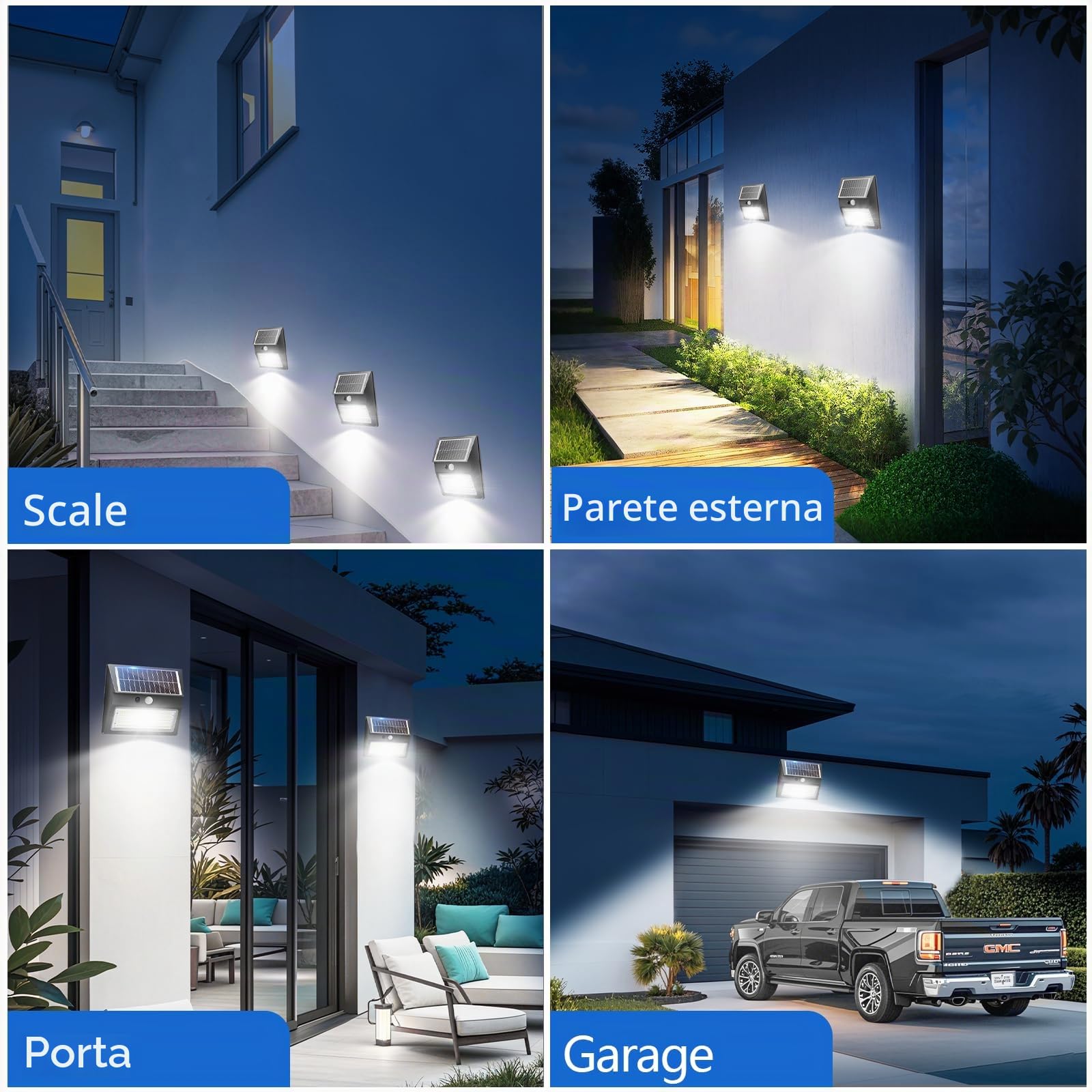 Faretto Luce Solare LED Esterno con Sensore di Movimento 2000mAh, 3 Modo Luce Solare LED Esterno 6500K IP65 Lampade da Esterno Solari con Pannello Solari per Garage, Parete, Giardino(4 Pezzi)