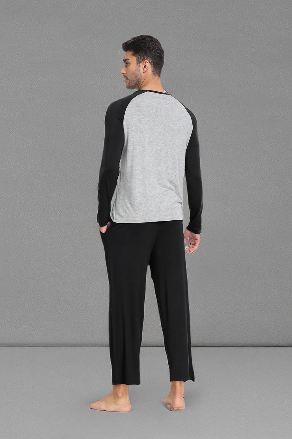 MoFiz Mens Pajama Sets Comfy Long Sleeve Sleepwear Top Solid Pyjama Pants with Pocket 2 Piece Loungewear PJs Sets for Men - Image 7