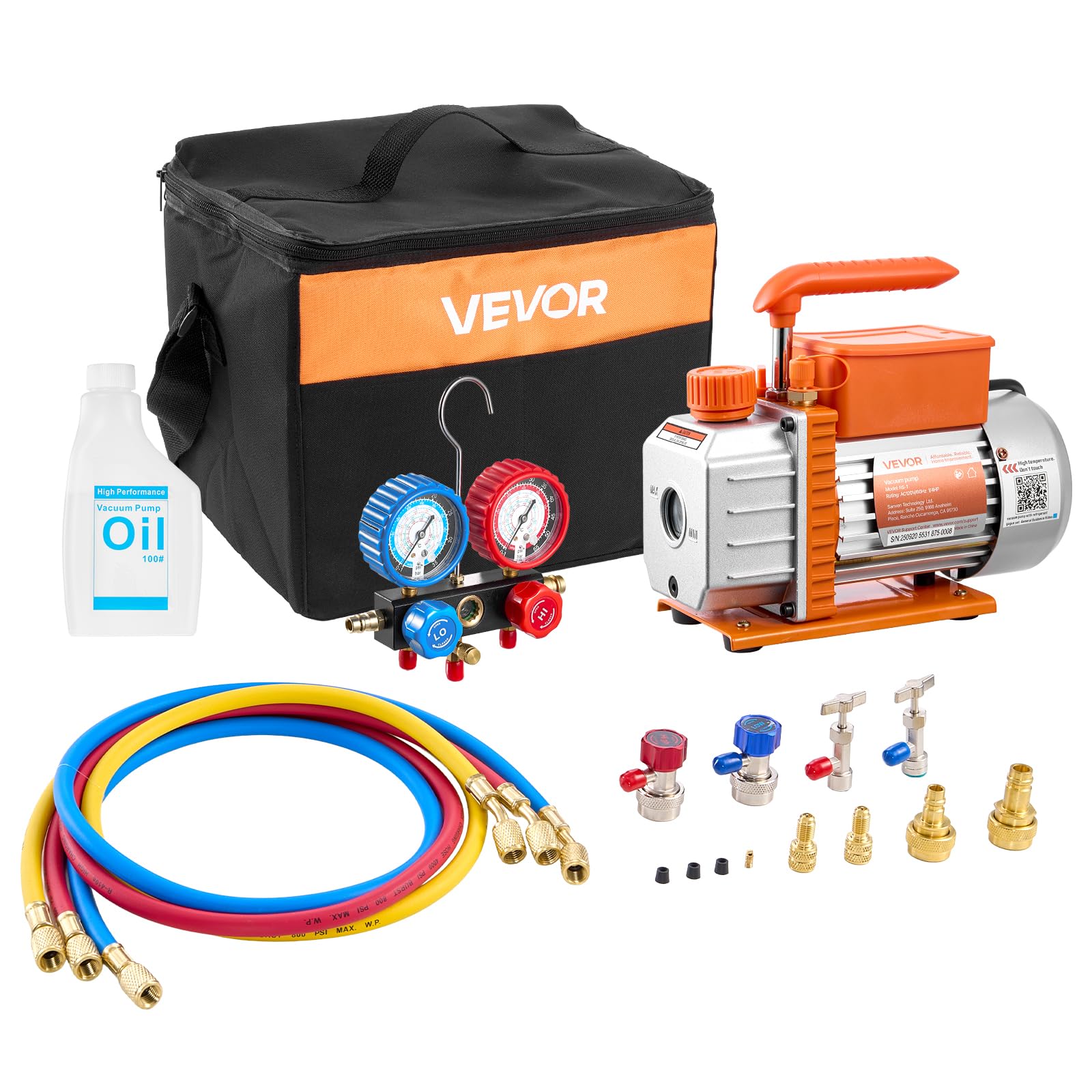 vevor ac vacuum pump and gauge set, 3.5 cfm 1/4 hp, single stage rotary vane hvac vacuum pump, a/c manifold gauge kit, for r134a r22 r410a r1234yf r32, with carry bag, for auto hvac air conditioning