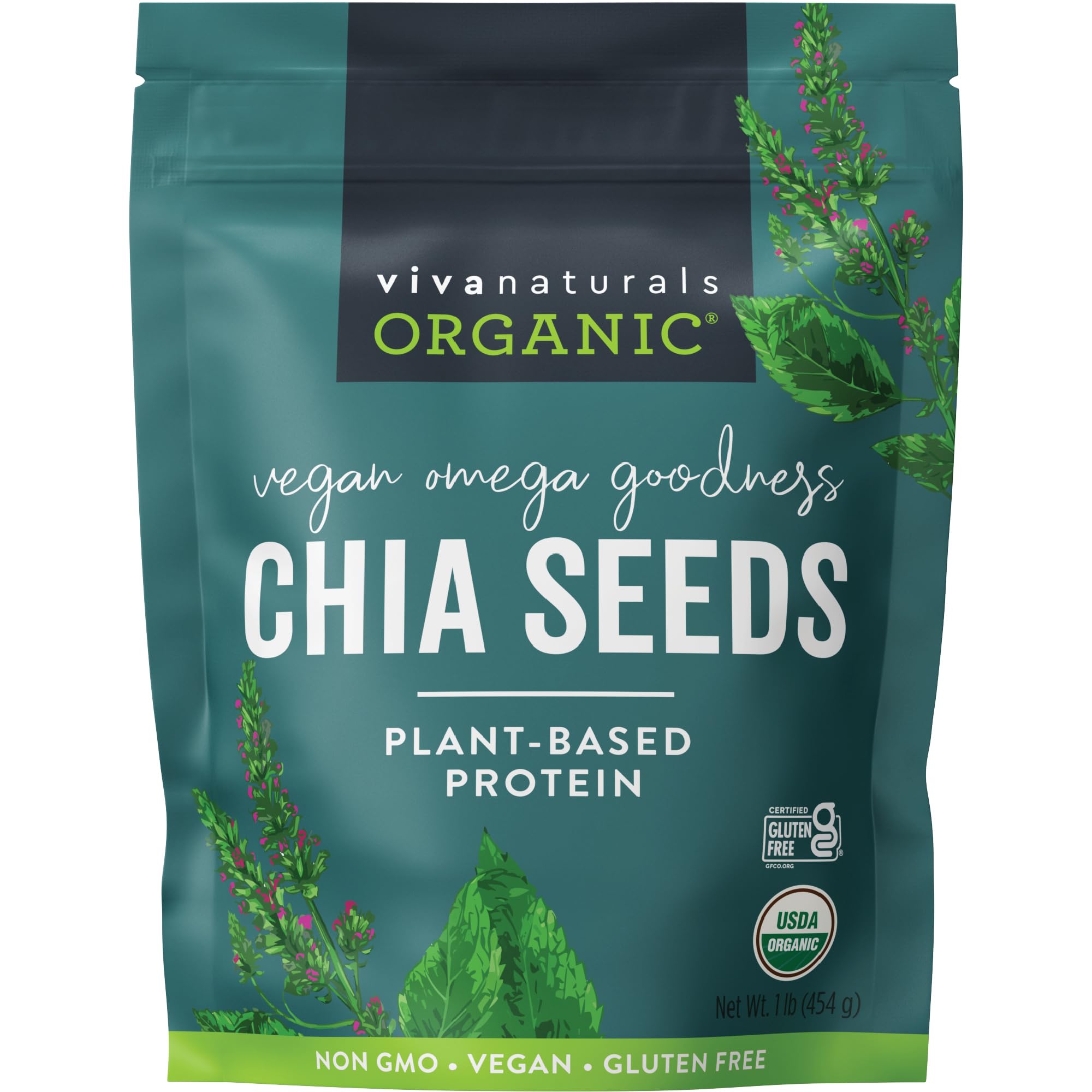 Viva Naturals Organic Chia Seeds, 1 lb, 16 Oz – Plant-Based Omega-3 and Vegan Protein, Gluten Free & Non-GMO, Perfect for Smoothies, Salads & Chia Pudding