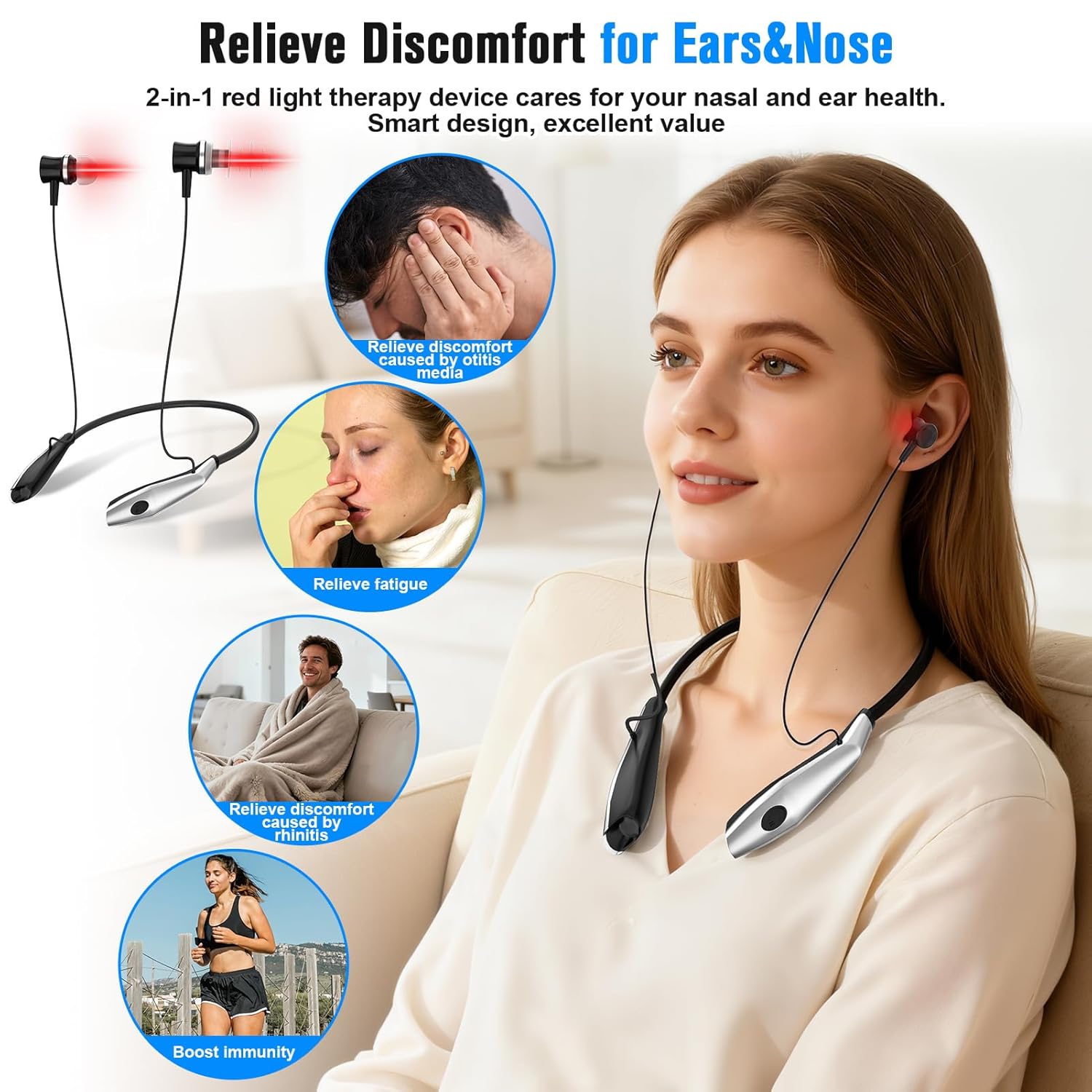 2-in-1 Red Light Therapy Device for Ears & Nose,Rechargeable 650nm LED Hands-Free Neck Design with Auto Shut-Off for Ear Comfort,Sinus Support& Daily Relaxation - Image 2