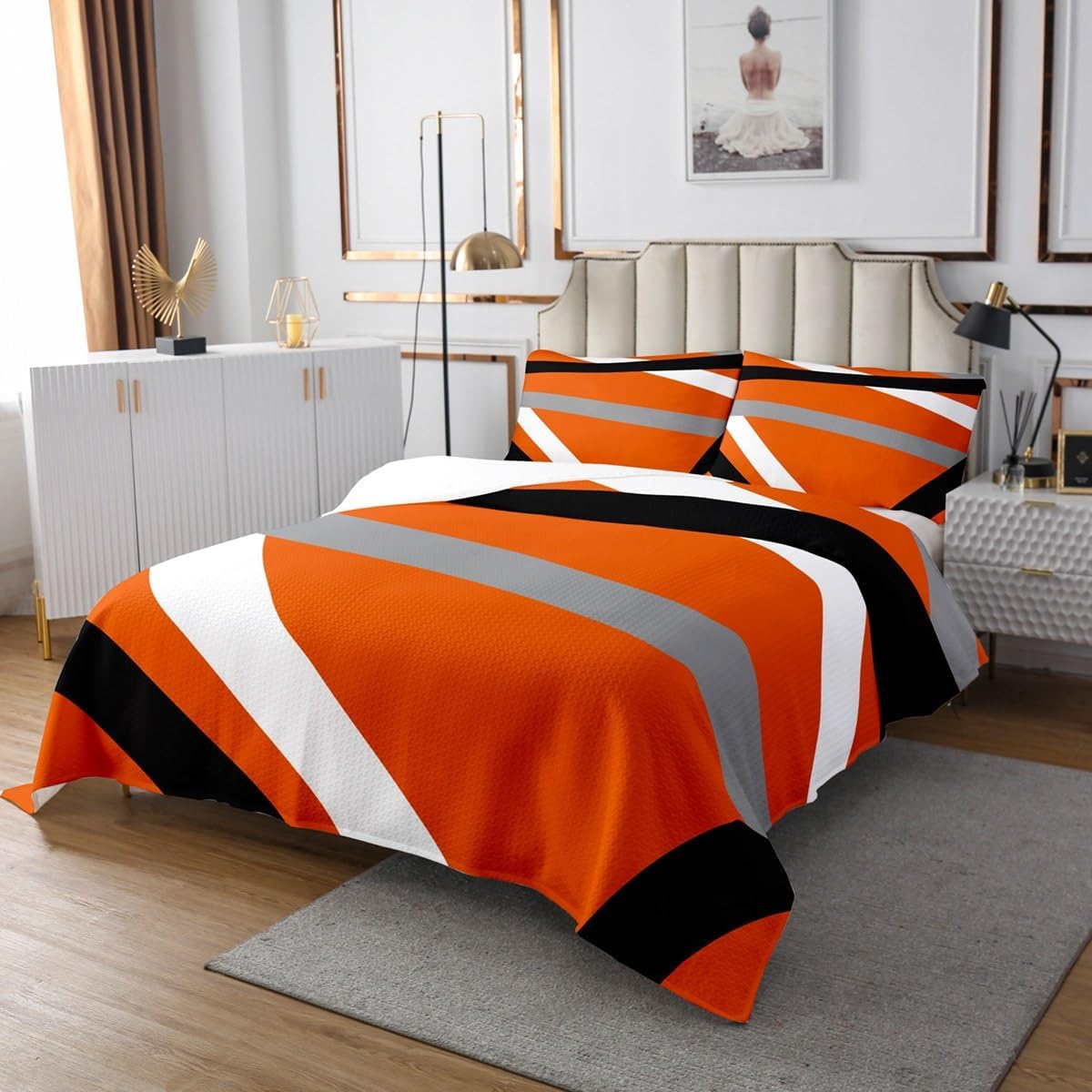 Erosebridal Orange Gray Black Striped Bedspread Sets Queen Size Modern Abstract Coverlet Set Geometric Lines Bed Set Aesthetic Boho Bedding Set
