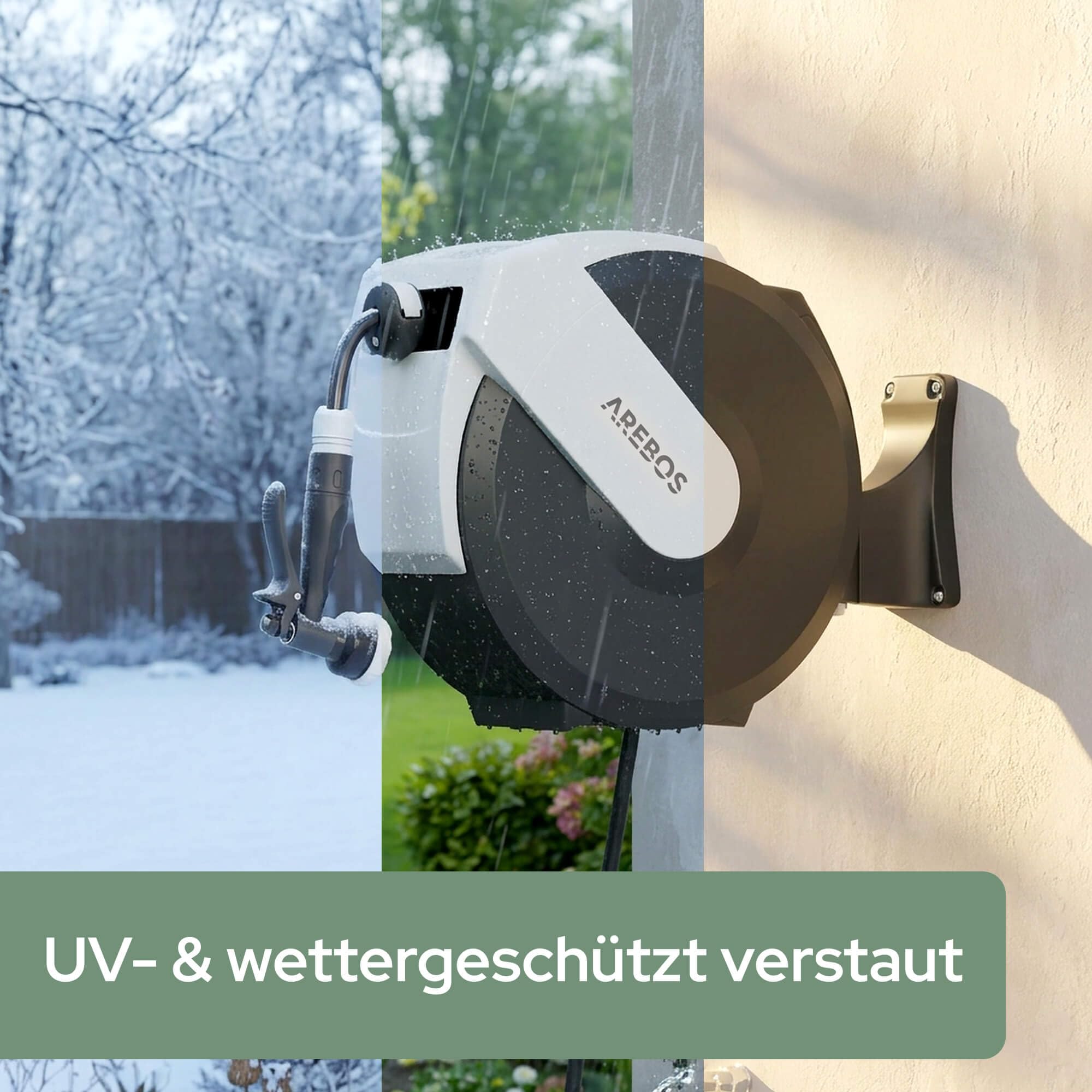 Arebos Schlauchtrommel Schlauchrolle Gartenschlauchaufroller 35 m | Wandschlauchbox automatisch | Wandmontage 180° schwenkbar | Stop-Funktion | Handbrause 7 Sprühfunktionen | Mehrschicht-Schlauch