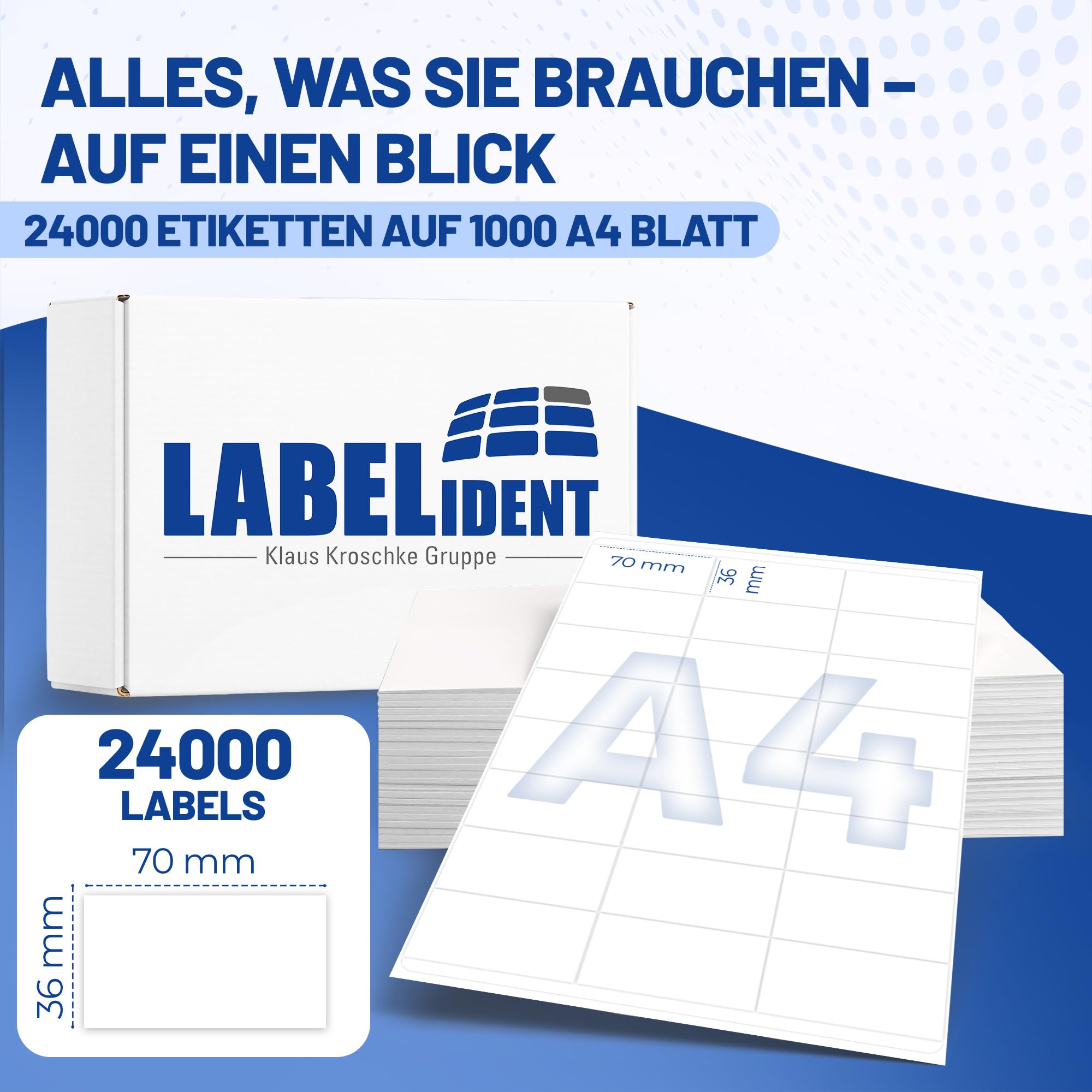 Labelident Laser-Etiketten 70 x 36 mm weiß - 24 Etiketten pro A4-Bogen - 24.000 Etiketten (1.000 DIN A4 Bögen) geeignet für Laser- & Inkjetdrucker
