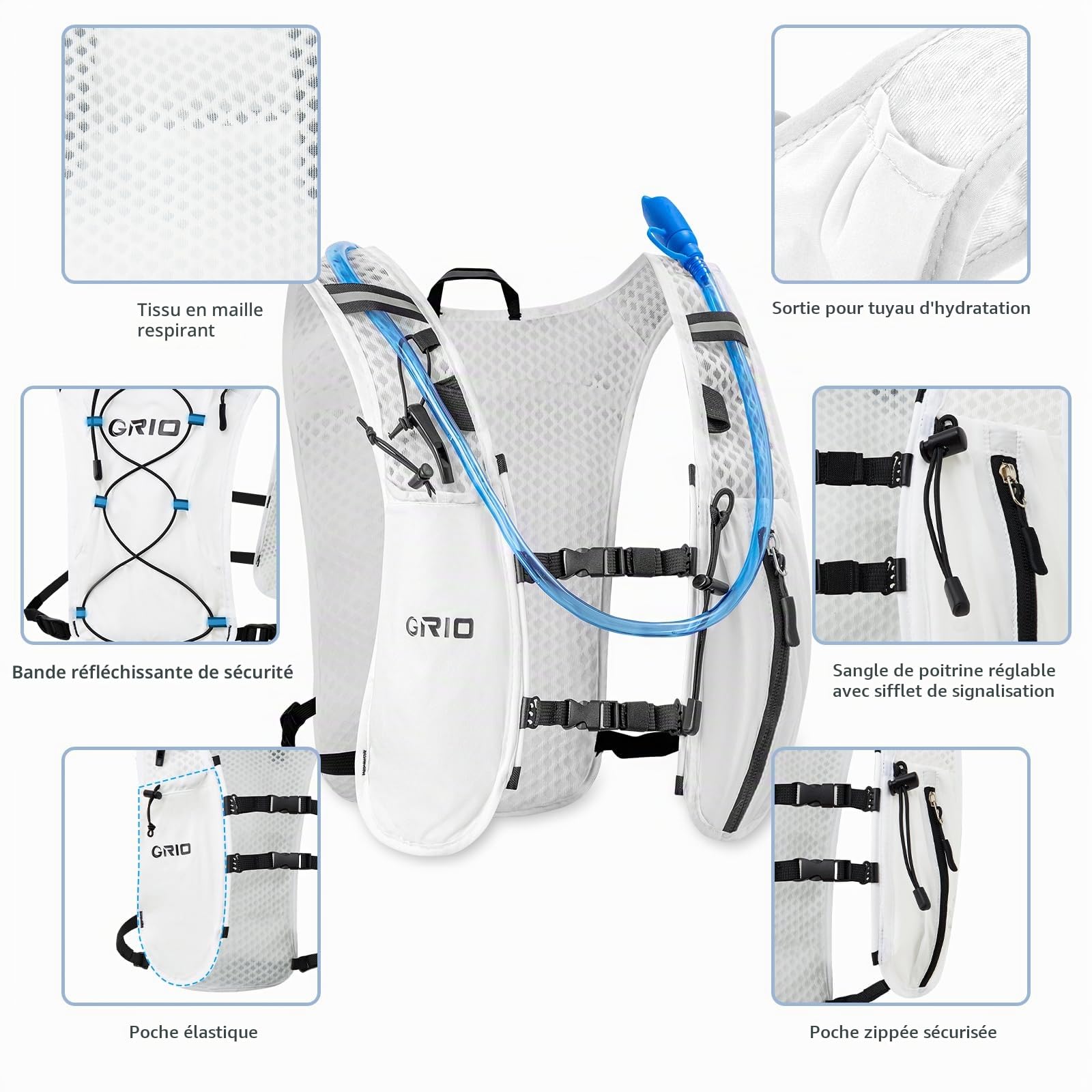 Gilet de course pour homme et femme, sangles de poitrine réglables, gilet d'hydratation avec poche d'eau de 1,5 L, léger, respirant, réfléchissant, pour marathon, sentier, randonnée, cyclisme
