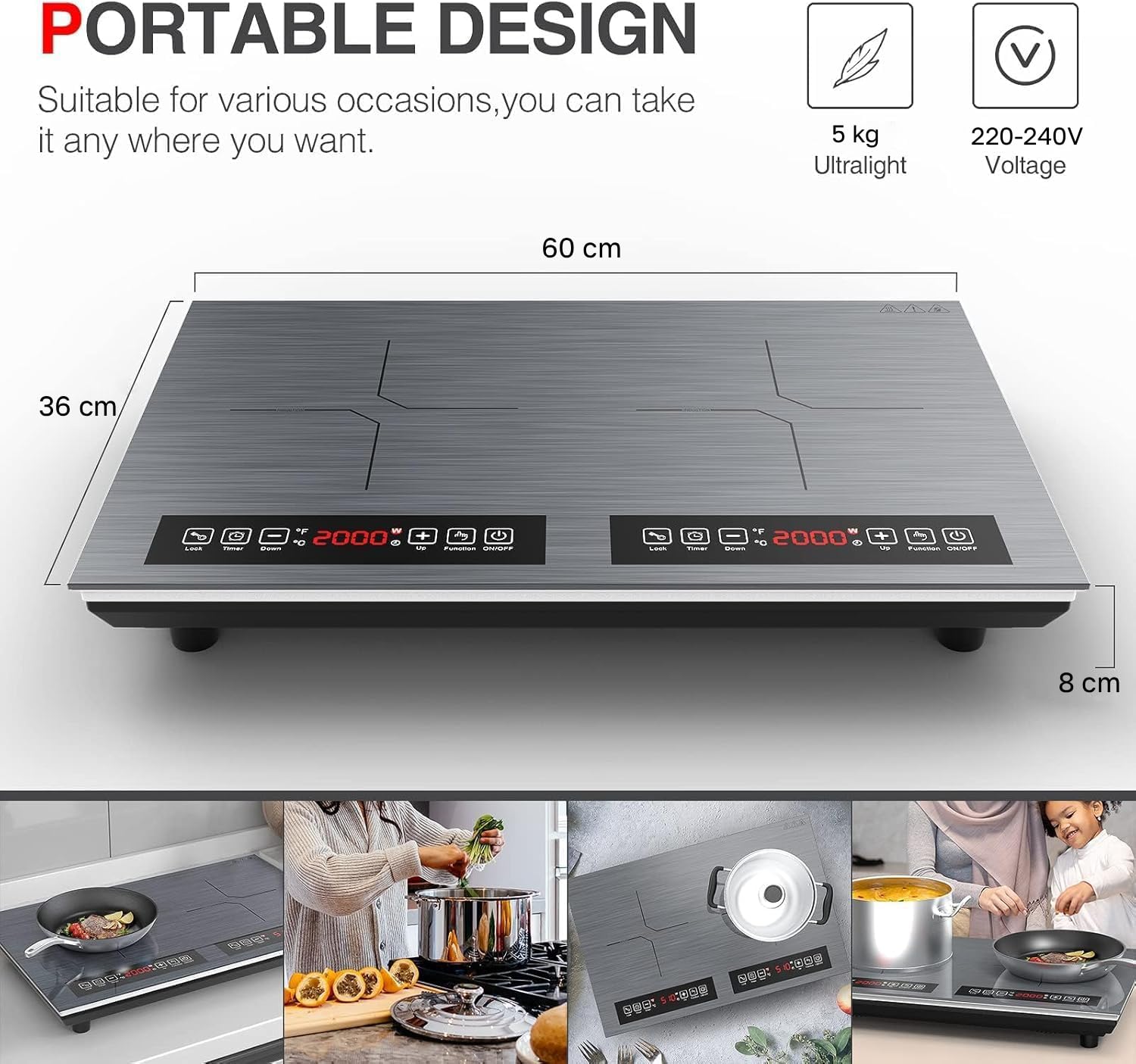 Plaque Induction 2 Feux 60 cm, 3600W Réchaud Électrique Double, Écran Tactile LED, 9 Températures, Verrouillage de Sécurité