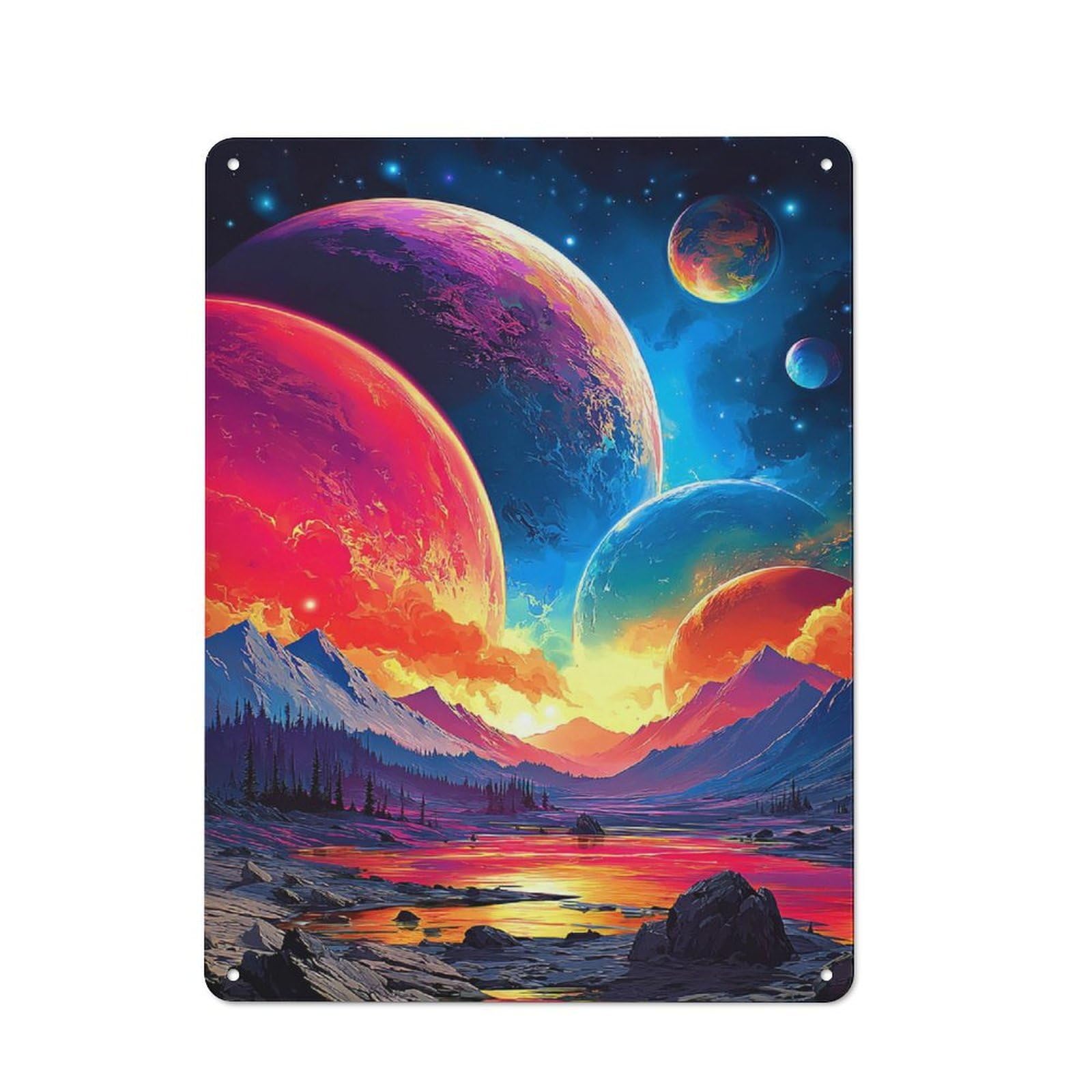 Junmoney Fantasy Landscape With Planets Retro Metal Wall Sign 40X30cm Featuring For Hallway Wall, For Garage, Workshop And Man Cave Decoration