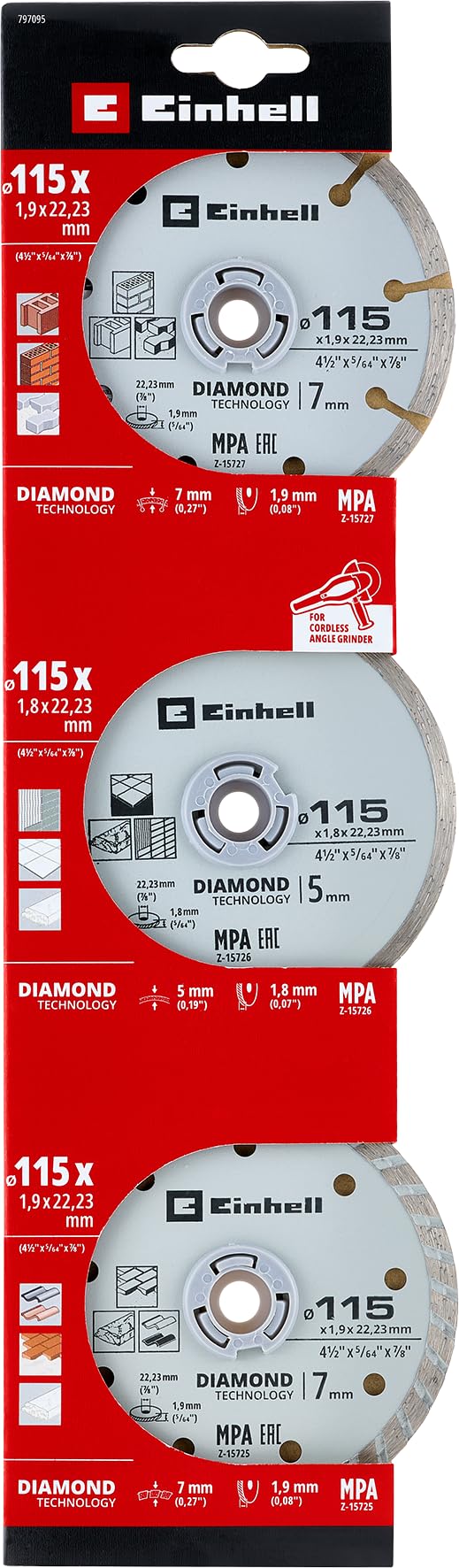 Orijinal Einhell Klasik Elmas Kesme Diski Seti – Taş ve Fayans için, 3 Parça, Ø 115 x 1,2 mm