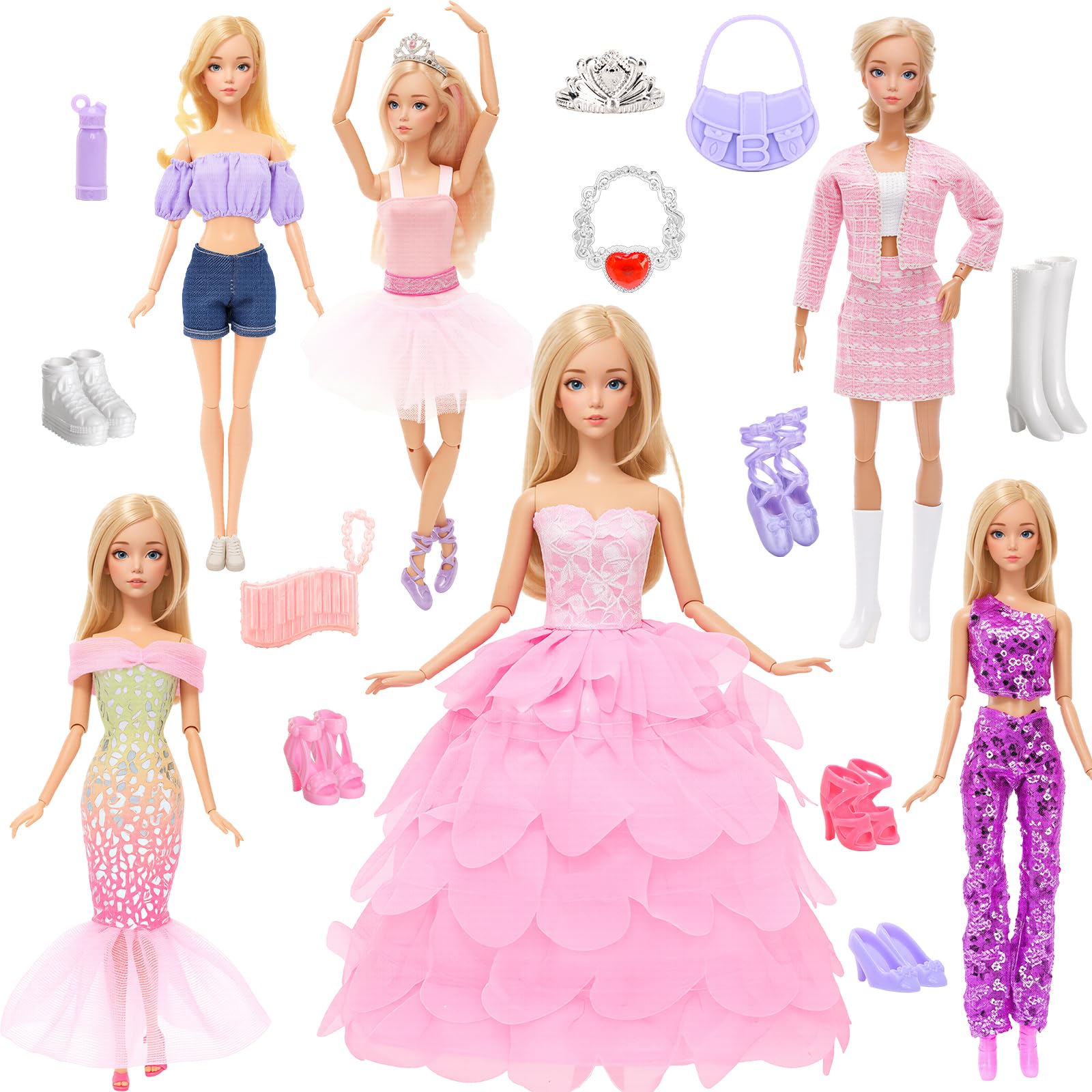 Set Accessori Per Bambola 32 Pezzi: 6 Vestitini + 5 Paia Di Scarpe + 12 Accessori, Abiti Fashion Per Mini Bambola 30 Cm, Regalo Idea Per Principesse