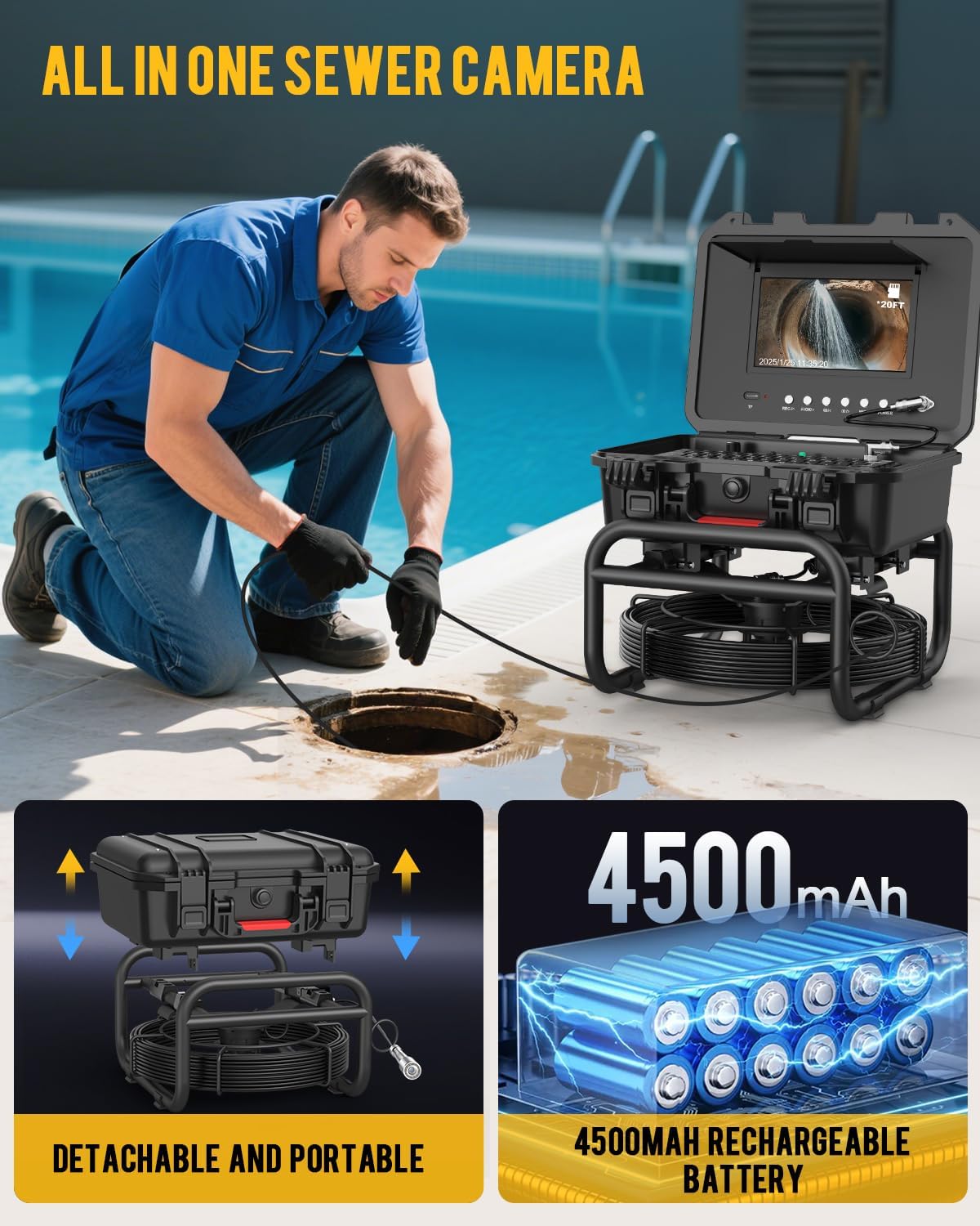Anysun Sewer Camera with 512hz Sonde, Self Leveling Sewer Camera 165ft with Distance Counter, 10.1" HD Monitor with Keypad and 7MM Cable, 5X Zoom with 12PCS LED Lights