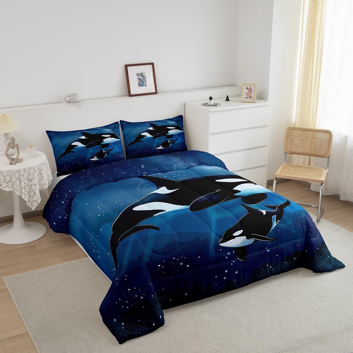 Erosebridal Killer Whale Comforter Queen for Kids Ocean Animal Bedding Set, Psychedelic Galaxy Duvet Insert Starry Sky Quilted Duvet, Black and White Fish Bedding Comforter Sets Navy Sea Theme Decor