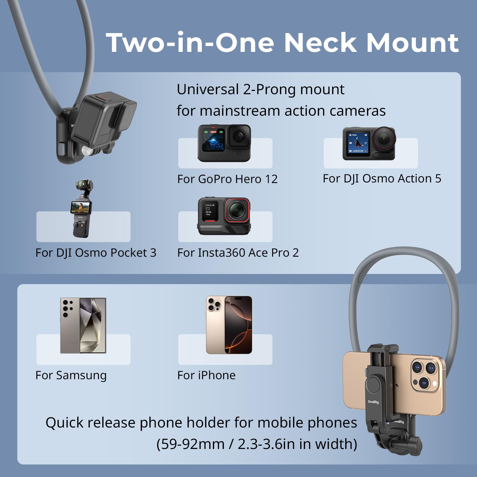 SMALLRIG Supporto magnetico per fotocamera action e telefoni, supporto per collo POV/Vlog per selfie GoPro 13/12, per DJI Action 5 Pro/4/3, per DJI Ace Pro 2, per iPhone, Samsung - 5128