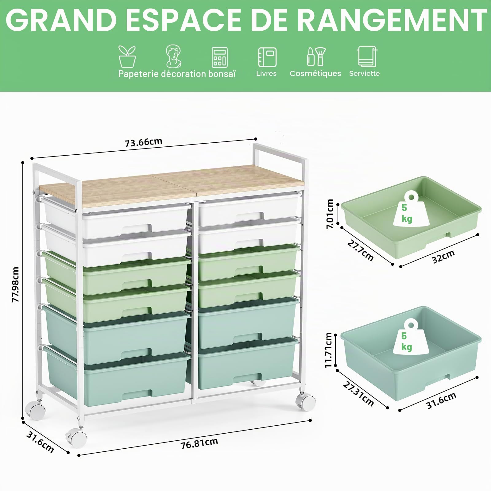 Chariot à 12 tiroirs SYKIARIOL - Rollcontainer - Chariot de rangement pour salle de bain - Chariot polyvalent pour loisirs créatifs, chariot à outils et chariot de rangement avec plan de travail