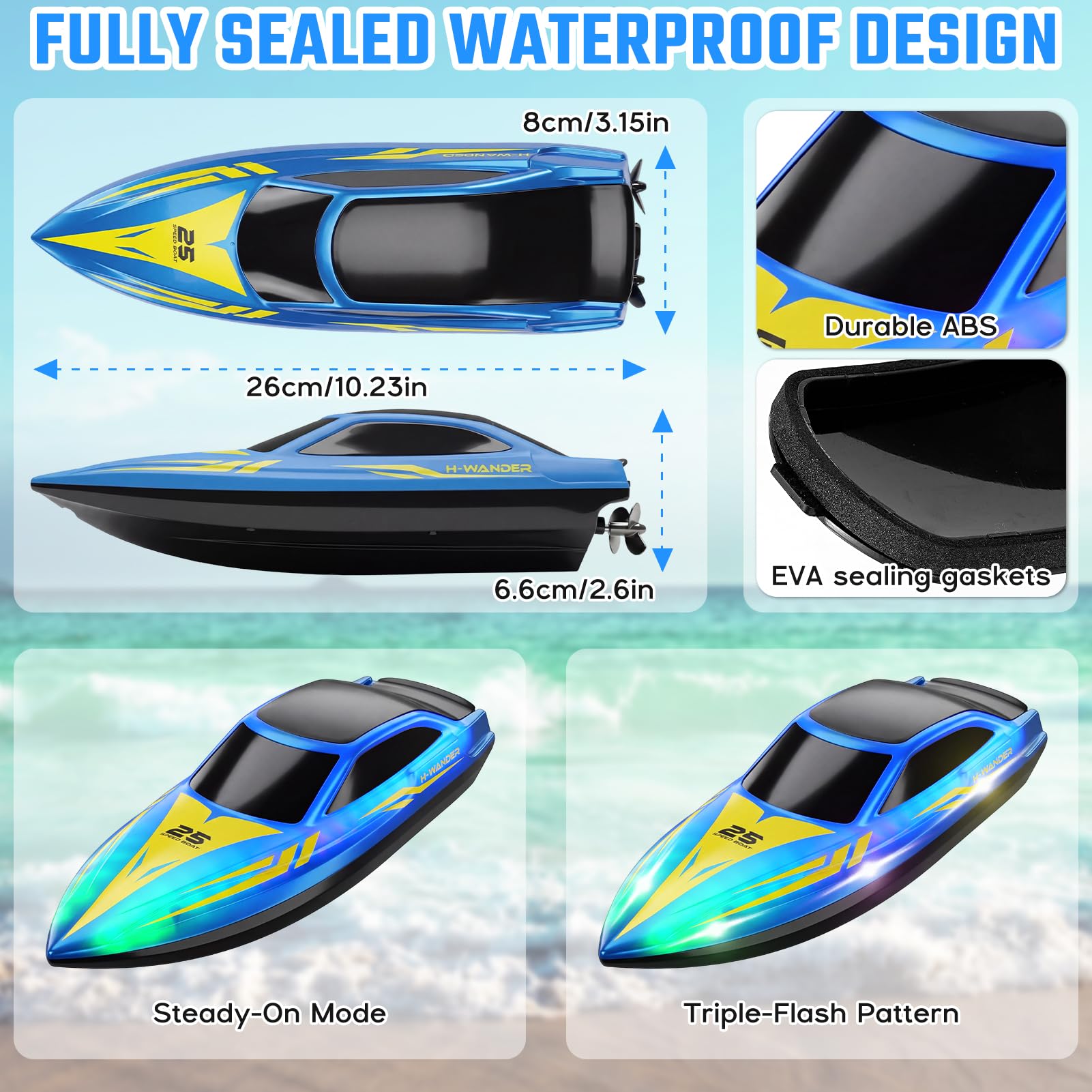 Bateau Télécommandé Rapide 15 KM/H - 2 Heures d'Autonomie, Redressement Automatique, Étanche - Bateau RC 26cm avec Lumières LED, Batterie Rechargeable pour Enfants et Adultes