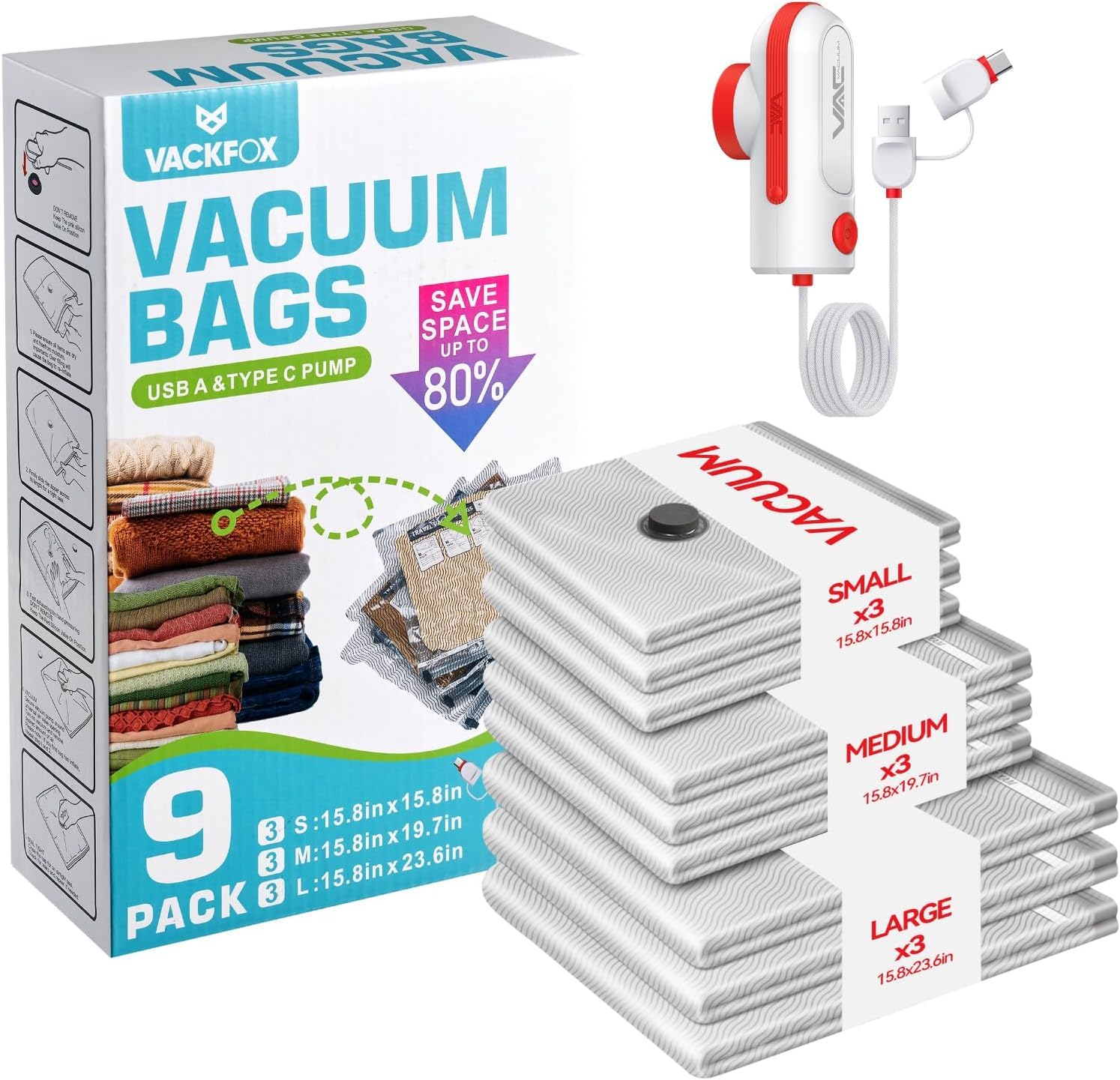 VACKFOX Travel Vacuum Bags with USB & TYPE C Pump,9 Pack Carry-On Size Vacuum Storage Bags for Luggage and Suitcase,Vacuum Luggage Bags,Space Saver for Clothes and Clothing Travel(Red)