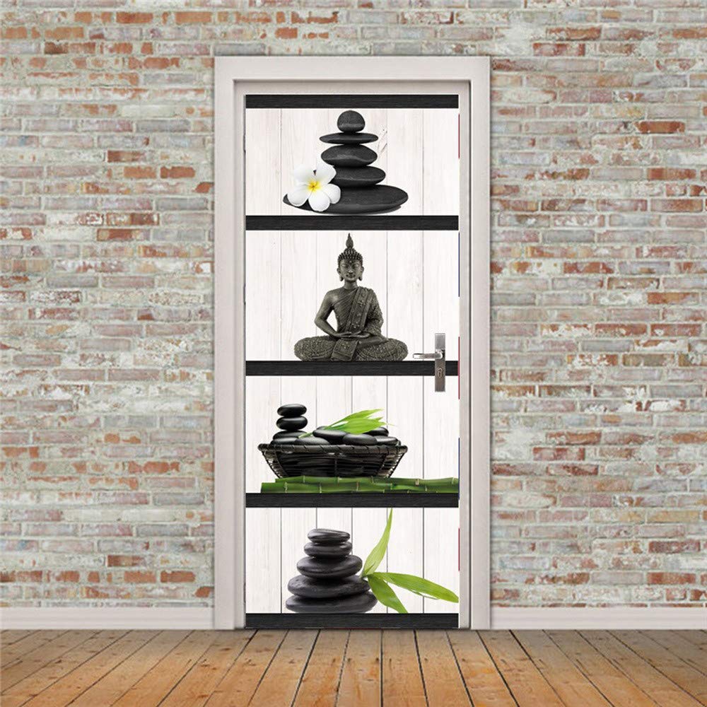Xiangpeimentie Multicolor Buddha And Bamboo Stones 3D Wallpaper Door Mural Wall Stickers Home Decoration Vinyl Removable Decals Self Adhesive Wallpaper For Home Bedroom Decor 77 * 200Cm