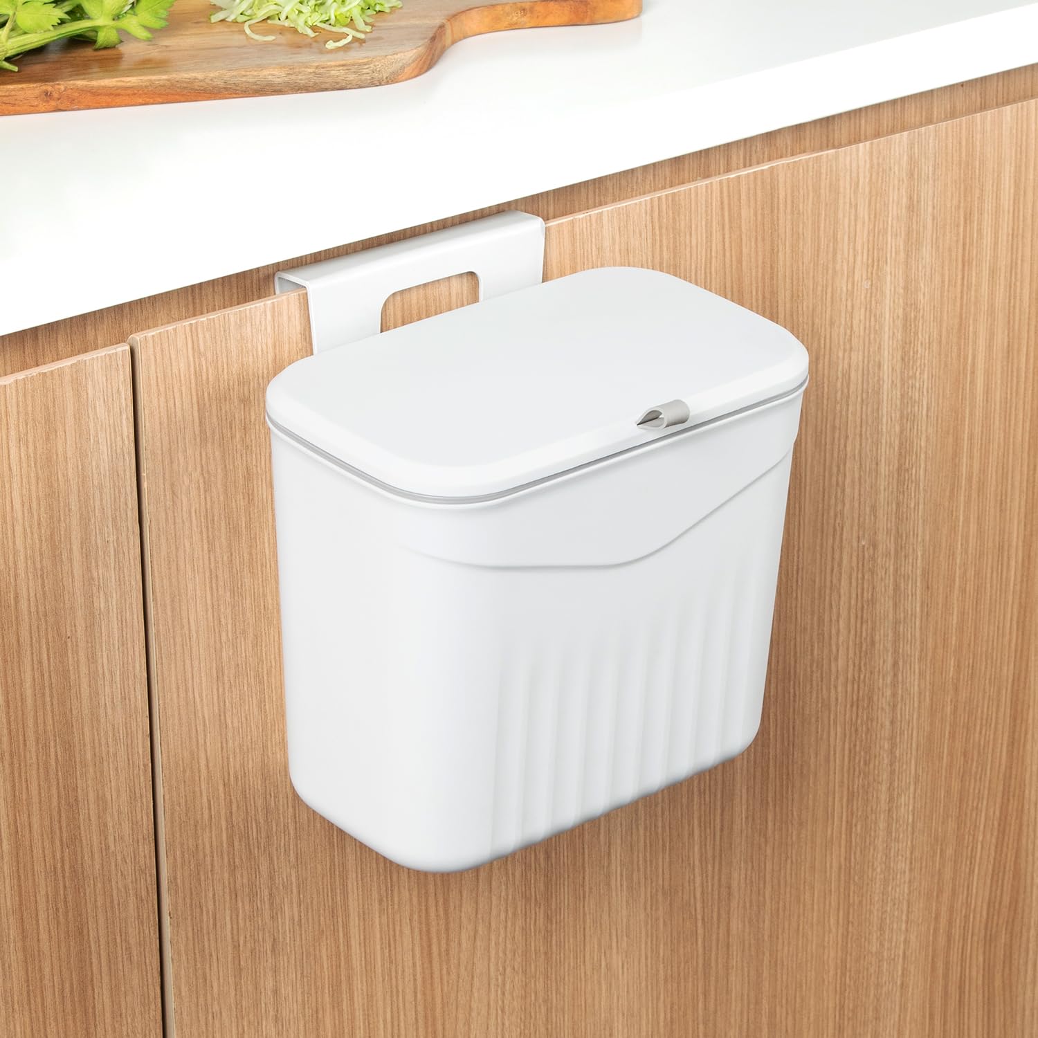 Amazon Basics 7 Litre Kitchen Dustbin with Lid, Hanging Plastic Trash Can for Cabinet Door, Wall Mounted Garbage Bin, Double-Sided Open Design – White-picture-44