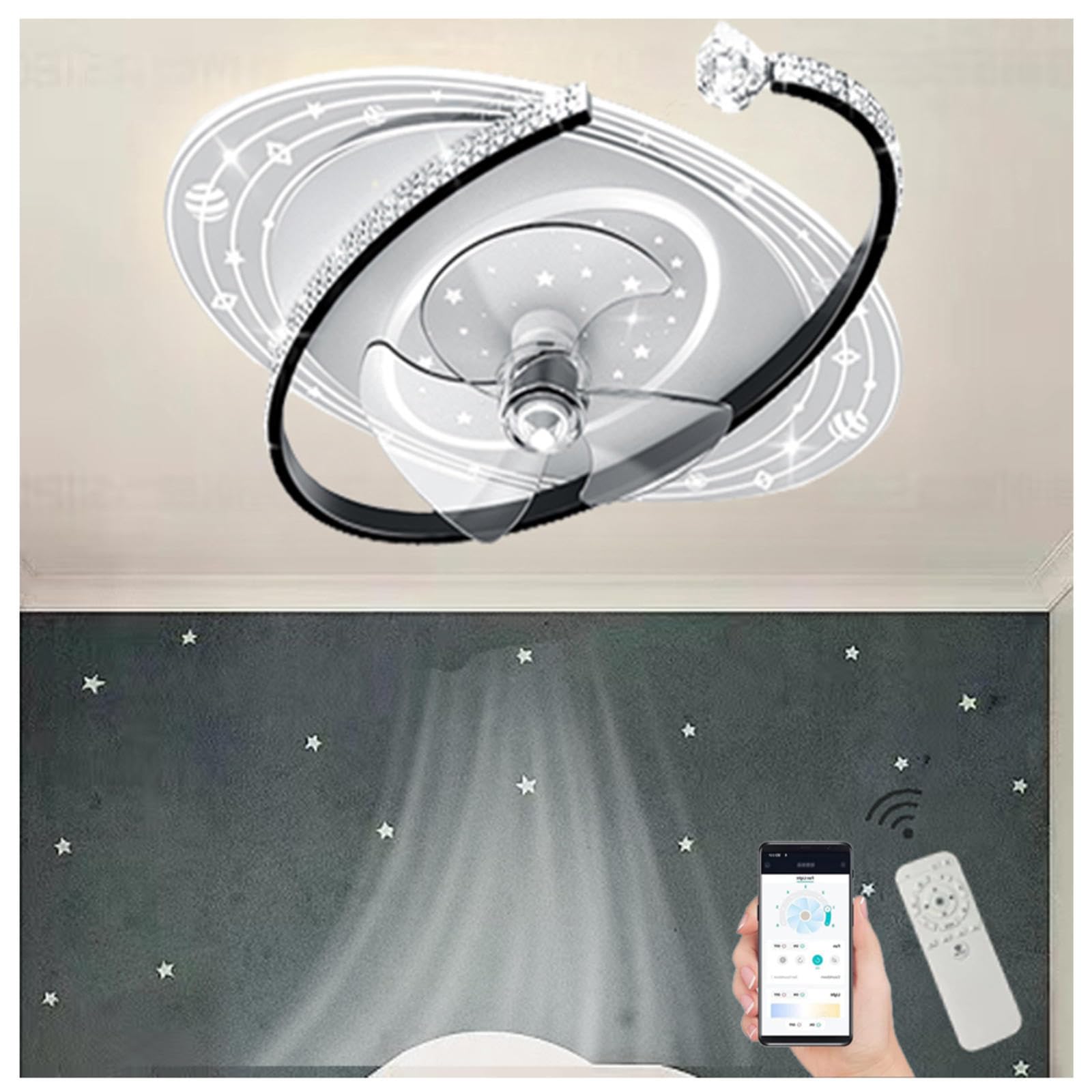 Fandelier Ceiling Fan with Light and Remote ， 360°Moving Head Lighting Ceiling Fan Childrens Room ， for Patios Bedroom Living Room,Black