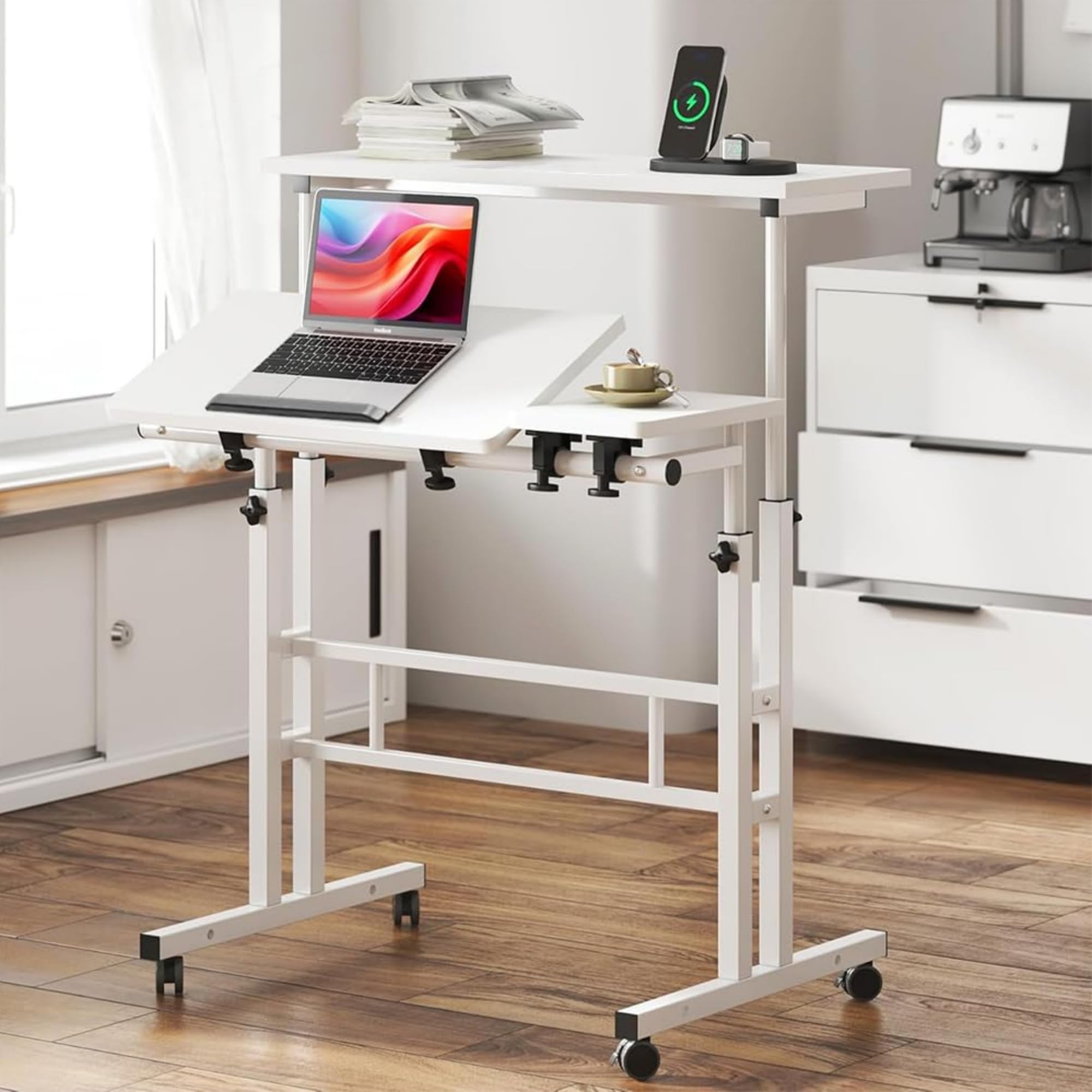 Aptliton Adjustable Height Mobile Standing Desk with Tilt Tabletop, Rolling Workstation 80 x 60 cm, Ergonomic Laptop Table with Wheels, Dual-Tier Computer Desk for Office Home Bedroom Study, White