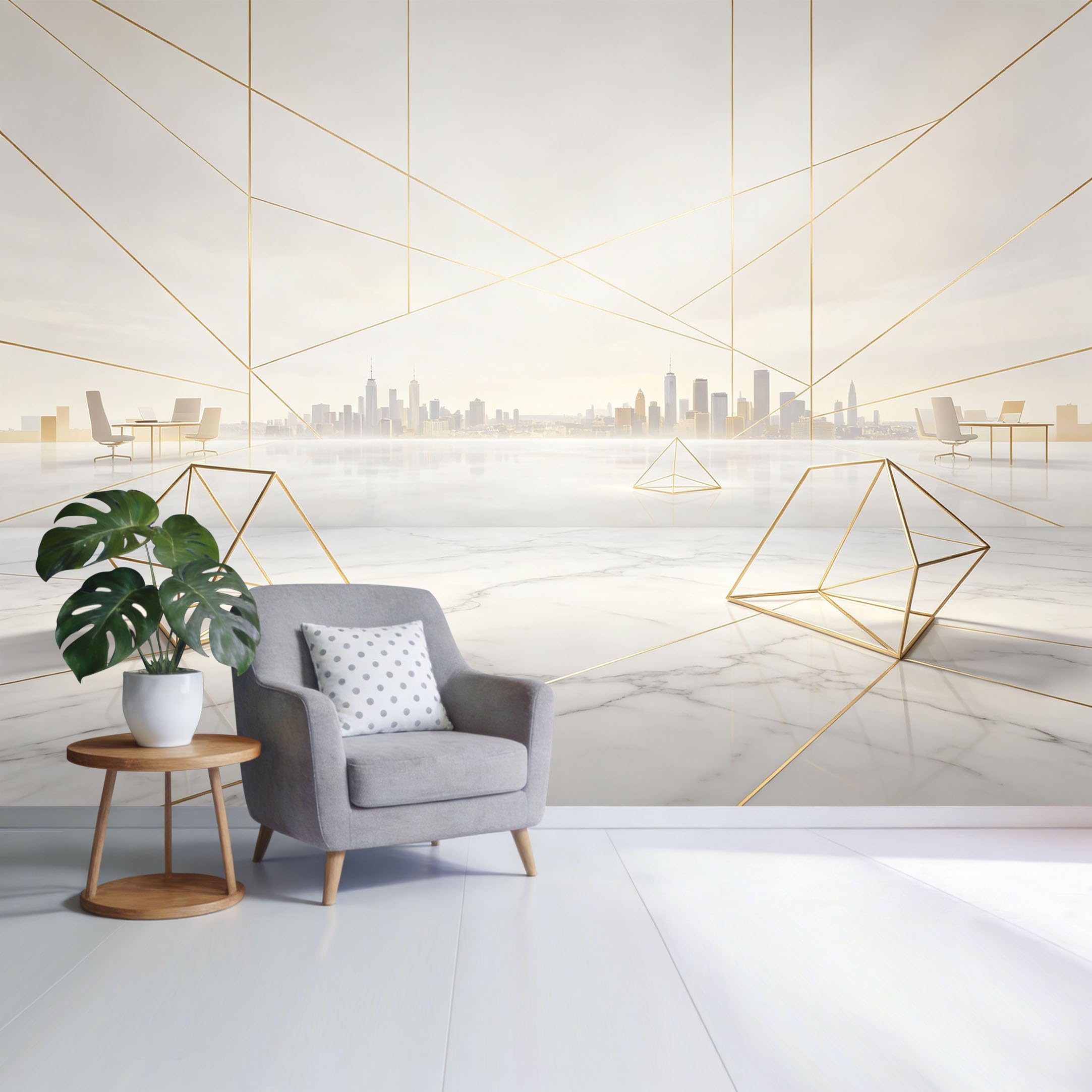 Custom Size Wall Mural Modern Geometric Gold Line City Skyline Minimalist Marble Texture SelfAdhesive Wall Fabric Removable Wallpaper for Home Office Decor