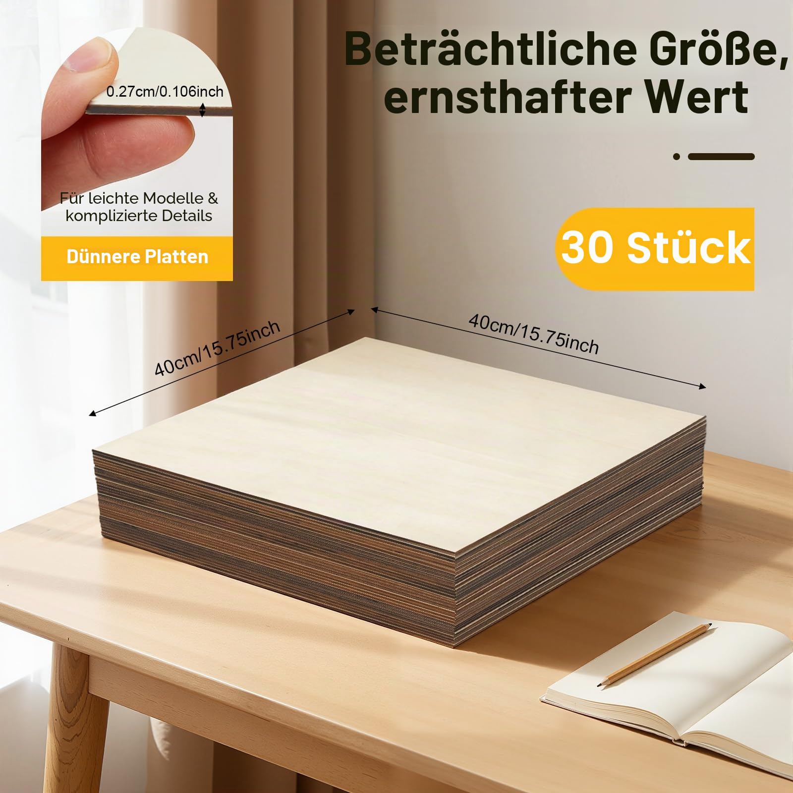 30 Stück Sperrholzplatte, 400x400mm Holzplatten zum Basteln, Hochwertige Multiplex Platten, Sperrholz für Malen Laserbearbeitung Bastelarbeiten Modellbau