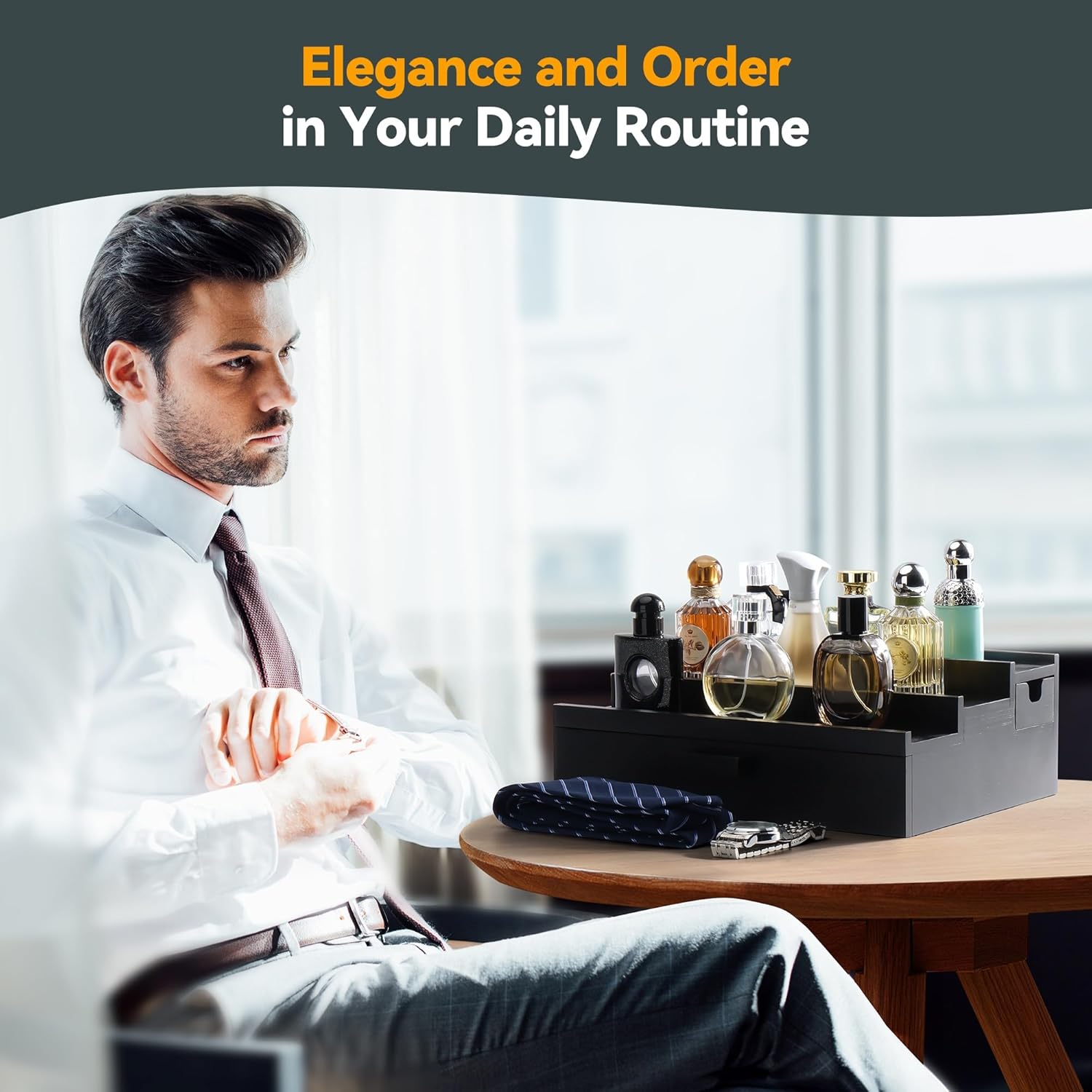 Cologne Organizer for Men | Premium Cologne Stand with 2 Side-Opening Drawers | Ring Slots, Watch & Jewelry Storage | Perfume Display Stand for Dresser | Mens Accessories Organizer | Gifts for Men