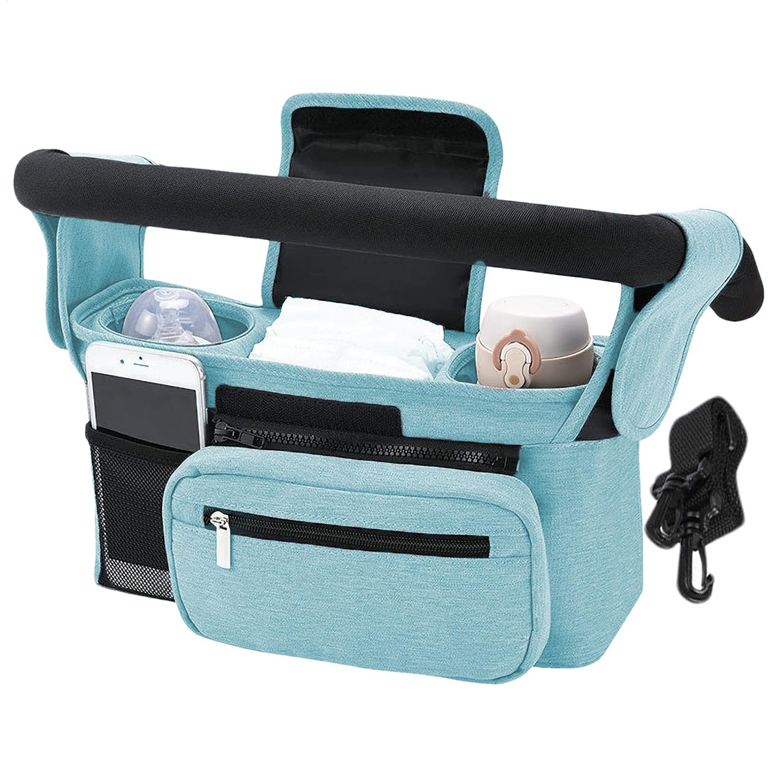 Pram Organiser with Drink Holder, Pram Organiser - Large Capacity Pram Organiser Bags, Pram Bag Attachment, Lightweight Pram Accessory Bag, Pushchair
