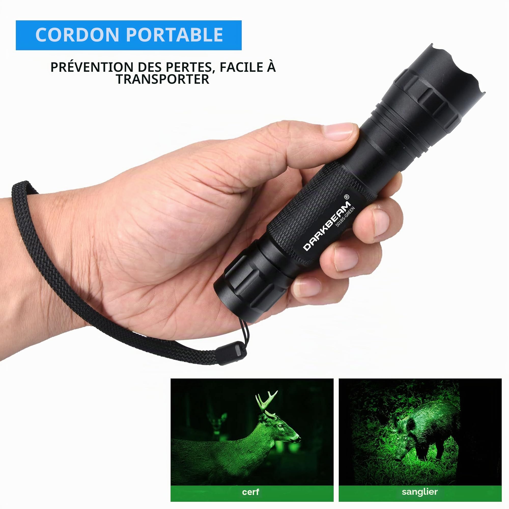 DARKBEAM lampe torche verte Puissante, 501BS Lampe de Poche à lumière Rouge LED Rechargeable, Portable étanche, mise au point rétractable pour la pêche, la Chasse, l'astrophotographie, avec pile &clip