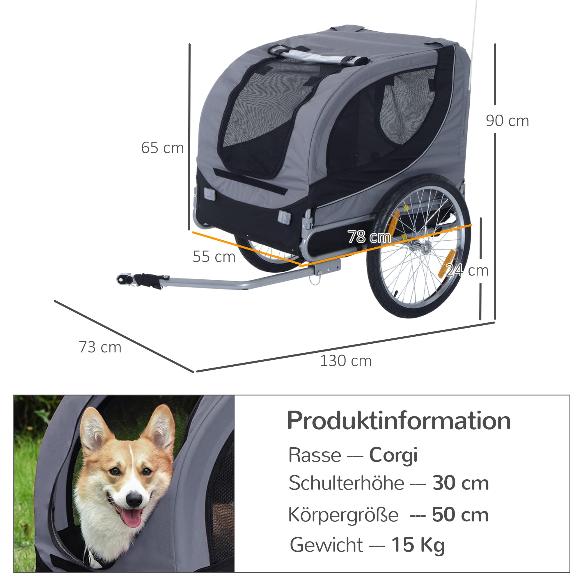 PawHut Hundeanhänger Fahrradanhänger für Hunde Hundefahrradanhänger mit Sicherheitsreflektoren, Universal-Fahrradkupplung, Rote Fahne, Hundetransporter bis 20 kg