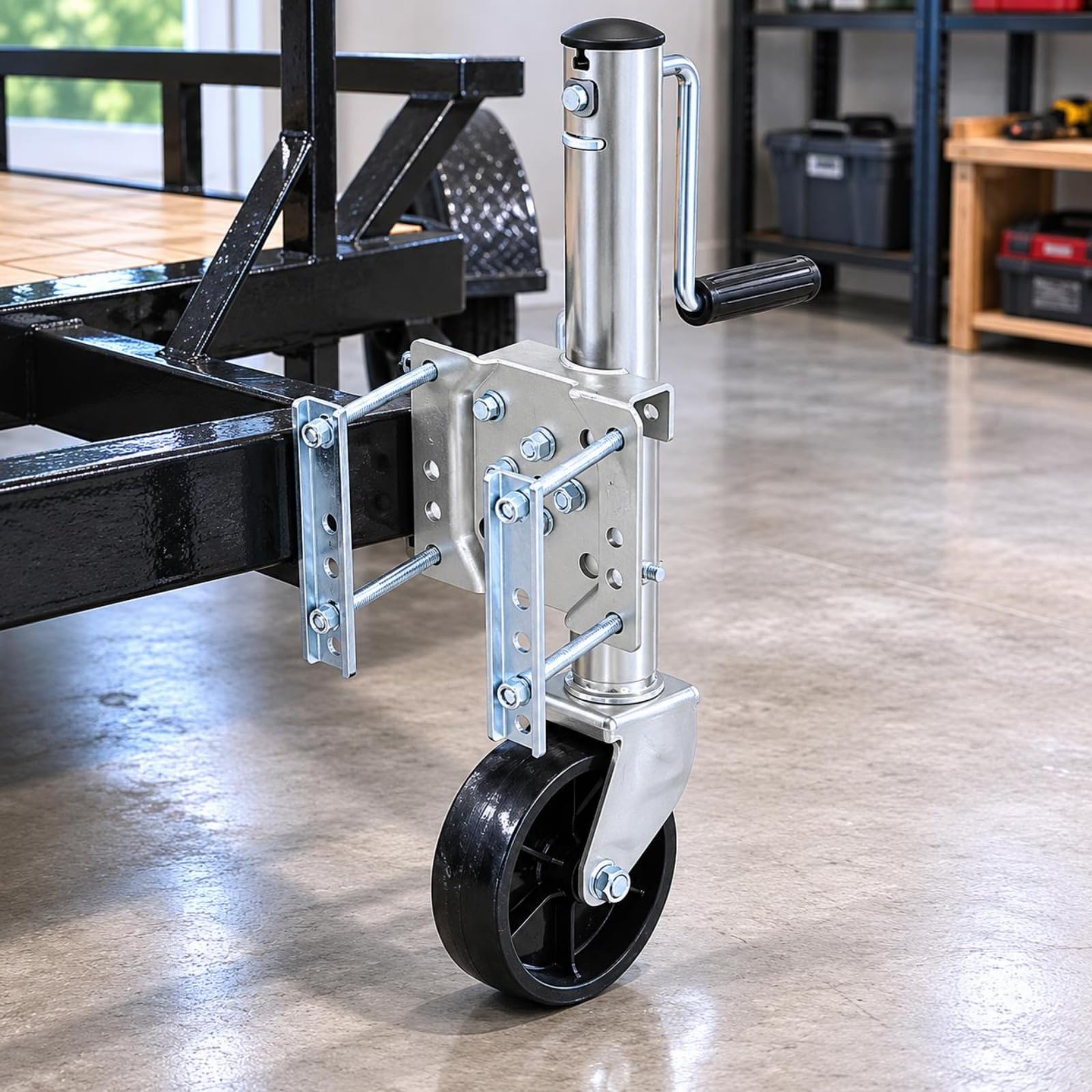 F Fityle Soporte Elevador de Remolque con Rueda Gato de Remolque Abatible Giratorio Exterior Cilíndrico Sujeción con Pernos y Abrazadera Plástico y Galvanizado