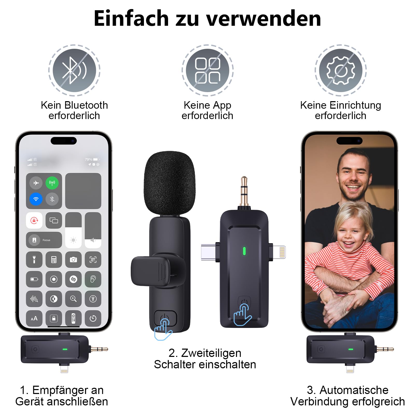 Wireless Lavalier Mikrofon für iPhone/Handy/Kamera/Computer - 4 in 1 Ansteckmikrofon Kabellos für Videoaufzeichnung, Live-Streaming, Vlog, TikTok