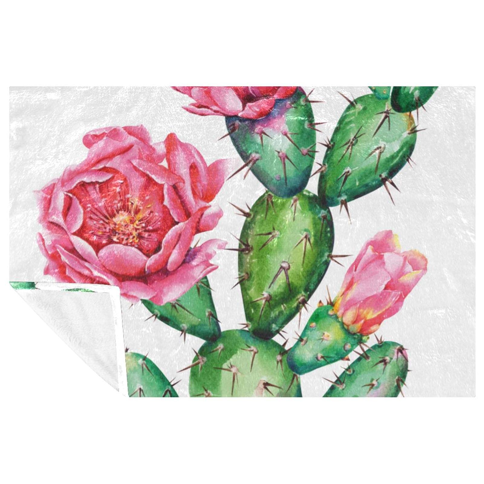 Couverture douce cactus et fleurs roses 150x100 cm pour lit
