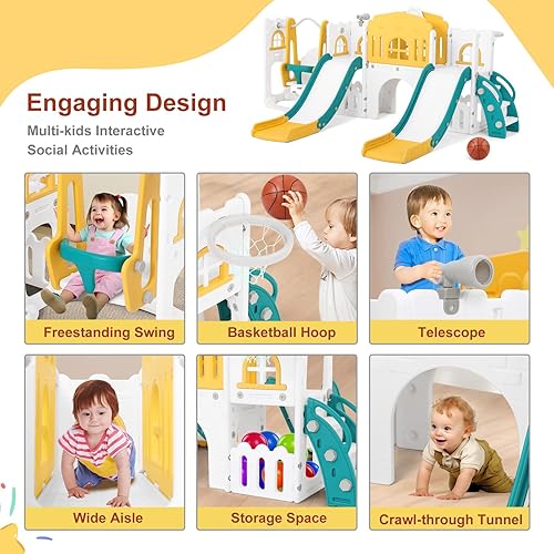 Miniatura 10 de JOYLDIAS Tobogán 9 en 1, parque infantil con toboganes dobles, escalador, aro de baloncesto, túnel, telescopio, espacio de almacenamiento y escalón