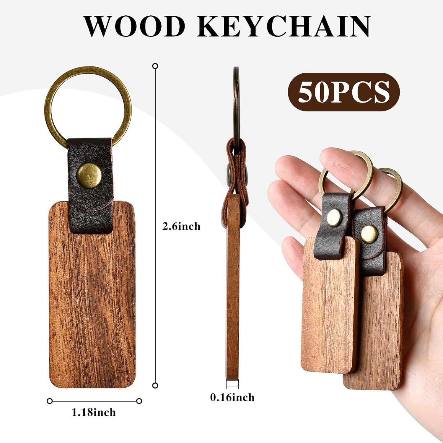 Supkiir 50Pcs Leather Keychain Blanks, Wooden Keychain with Leather Strap, Unfinished Wood Engravable Blank Key Chain for Laser Engraving DIY Various Key Tags Craft Gift - Image 2