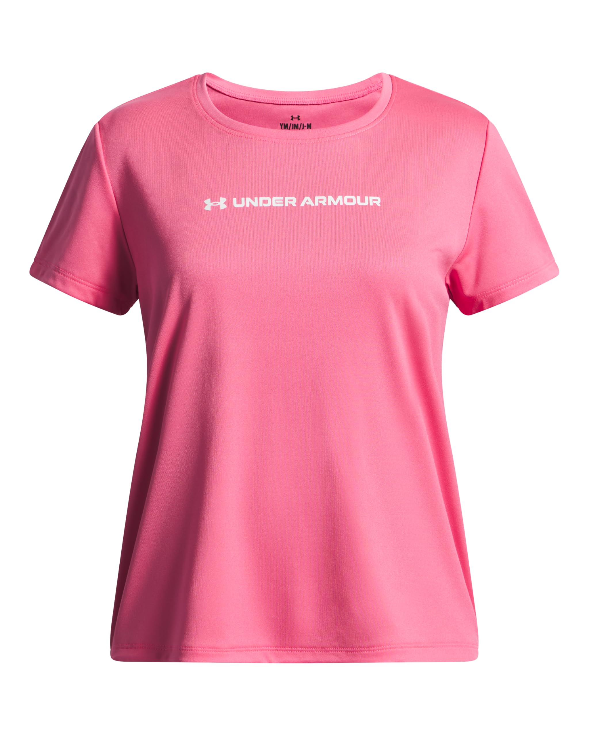 Under Armour Bambina Tech Wordmark Graphic Short Sleeve, Maglietta Manica Corta Traspirante in Tessuto Ultra Morbido, T-​Shirt Sportiva per Allenamento e Abbigliamento Casual,​Super Pink/​White,​YSM