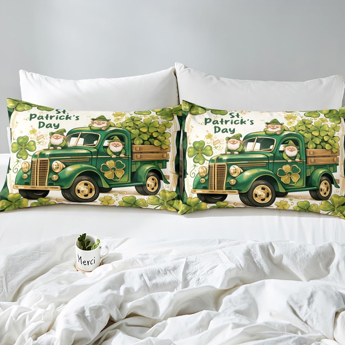 St. Patrick's Day Bedding Set Toddler Size,Cute Gnomes Truck Car Duvet Cover 2pcs for Kids Room Decor,Spring Green Clover Leaves Comforter Cover,Rustic Farmhouse Quilt Cover,Not Comforter