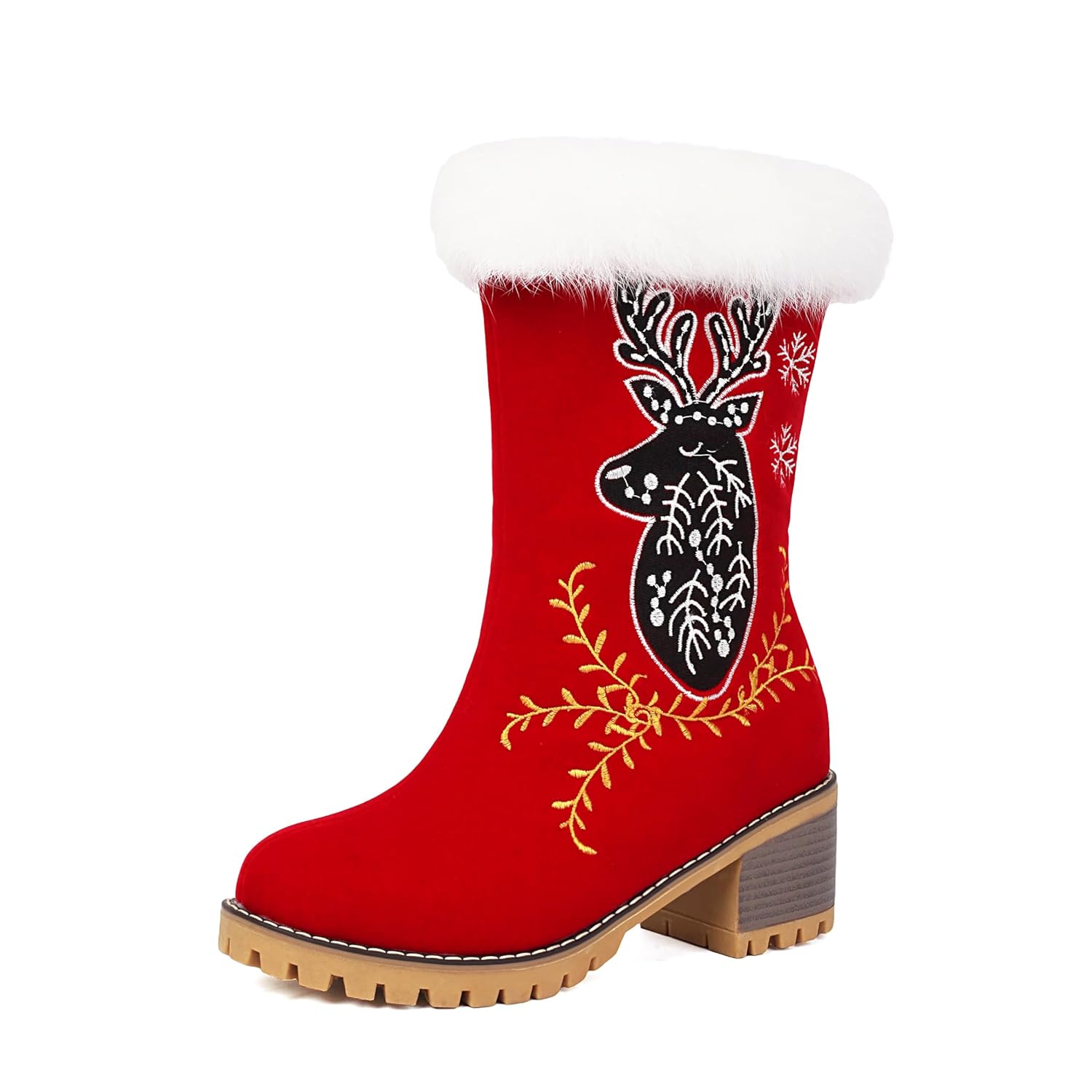 NOWNIN Christmas Boots for Women Knee High Snow Boots with Chunky Heel Faux Fur Warm Winter Ankle Booties