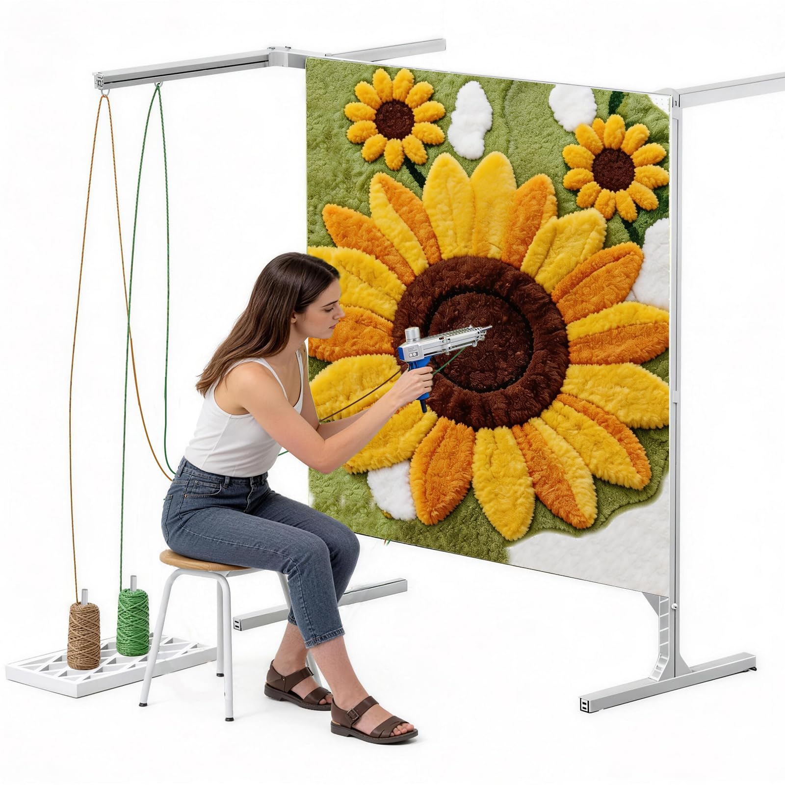 Nbytlt Silver 136Cm Rug Tufting Frame Kit, 49-136Cm Adjustable Carpet Tufting Frame Set, Aluminum Metaltufting Frame, Carpet Tufting Gun Kit For Machine Embroidery, Sewing, Tapestry Making,