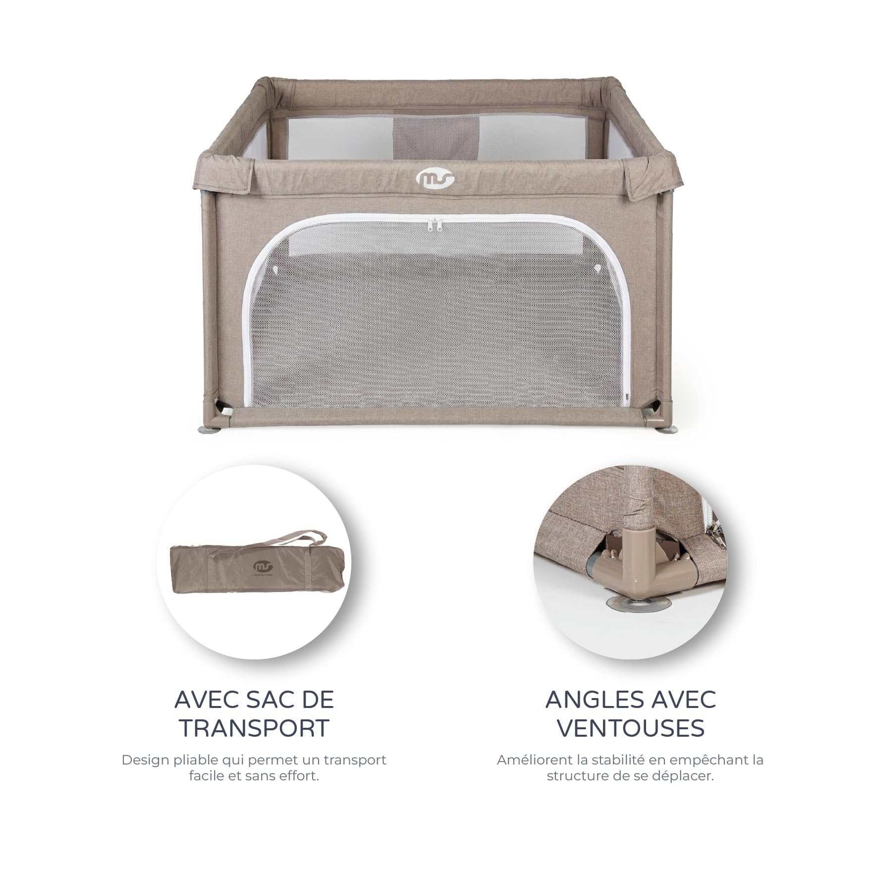 MS BabyWrld - PARC DE JEUX OXFORD - XXL - 200x180 - Parc pour bébé pliable | Aire de jeux pour bébé | Sécurisé | Avec ouvertures zippées et fenêtres en filet | Sac de transport (Beige, 120 * 120)
