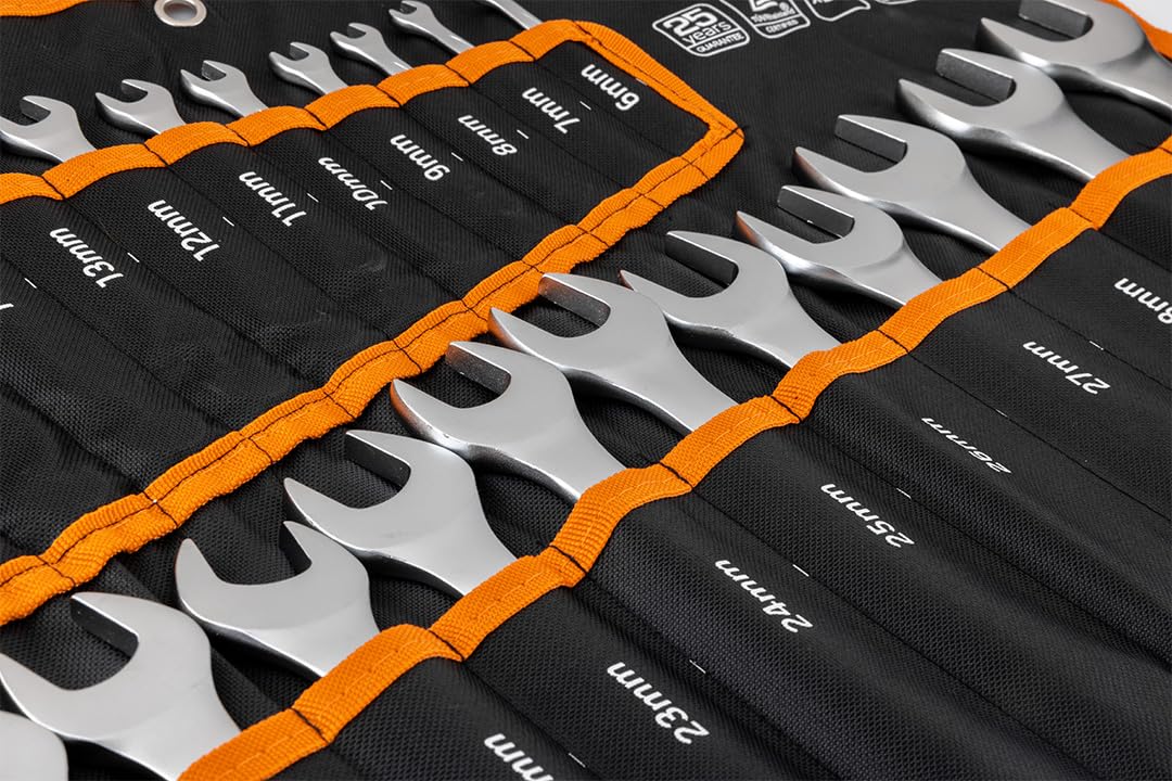 NEO TOOLS 25-częściowy zestaw kluczy płasko-oczkowych 6-32 mm ze stali CrV – zestaw kluczy płasko-oczkowych w praktycznej torbie rolowanej, profesjonalny zestaw narzędzi do warsztatu i garażu, matowy