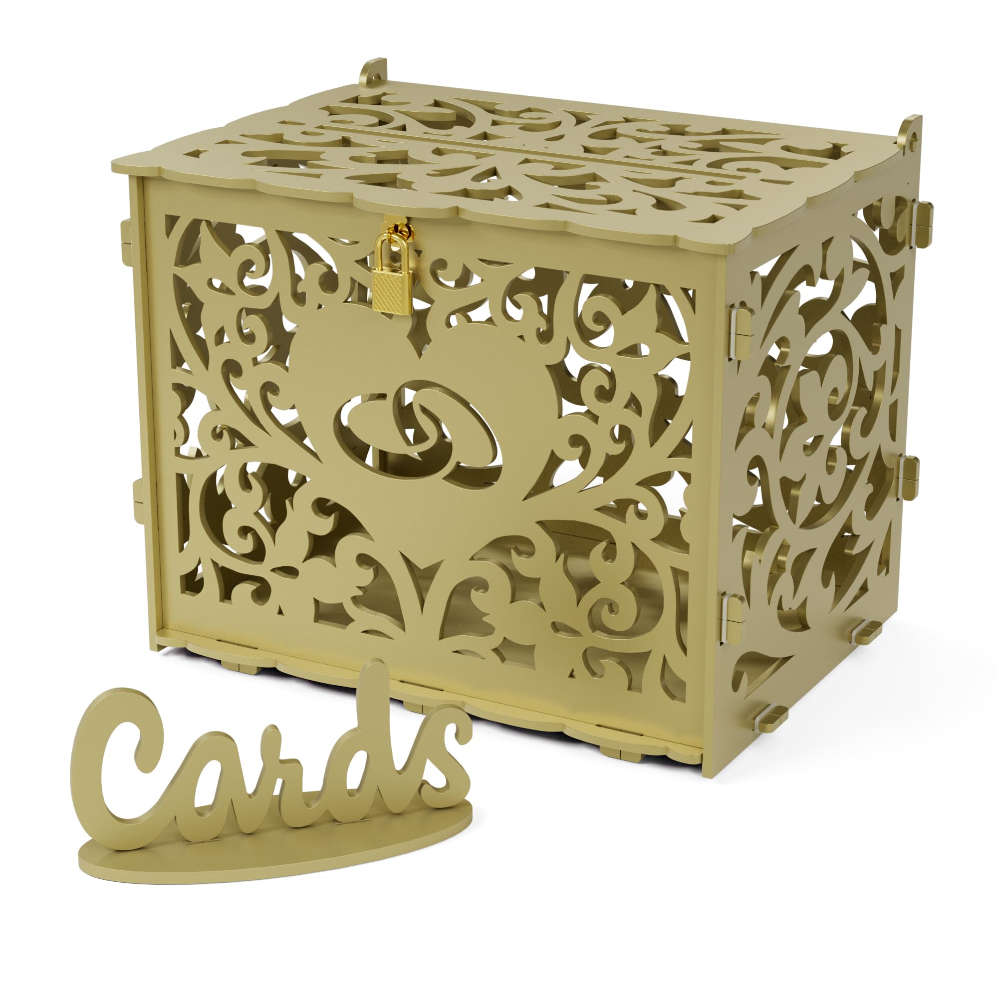 Jolik Kartenbox Hochzeit Briefbox Holz Geschenkkartenbox Vintage Groß DIY Hochzeitsbox Geldbox mit Schloss für Geldgeschenke Hochzeit Geburtstag Babyparty Jubiläum (Gold)