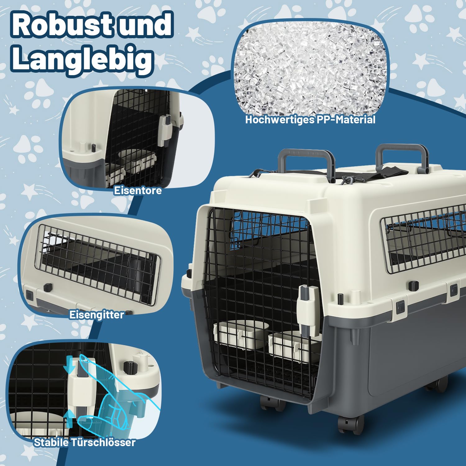 Cage de transport pour animaux avec fenêtre et porte, en plastique PP, avec poignée et corde, roues, 67,3*54,9*51,5 cm, avec couches et bols suspendus, gris blanc