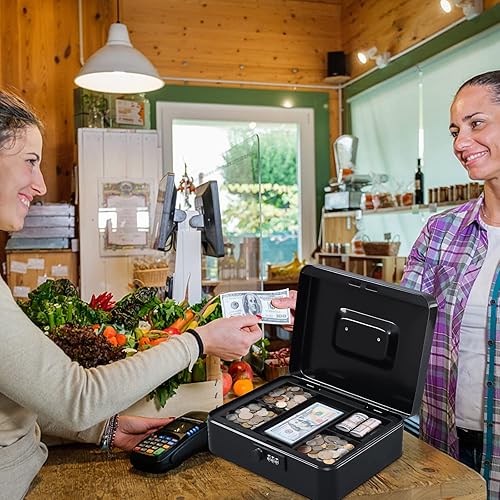 Miniatura 66 de KYODOLED - Caja de dinero grande con cerradura de combinación, caja de metal segura para dinero, caja de almacenamiento con bandeja de dinero, 9.84