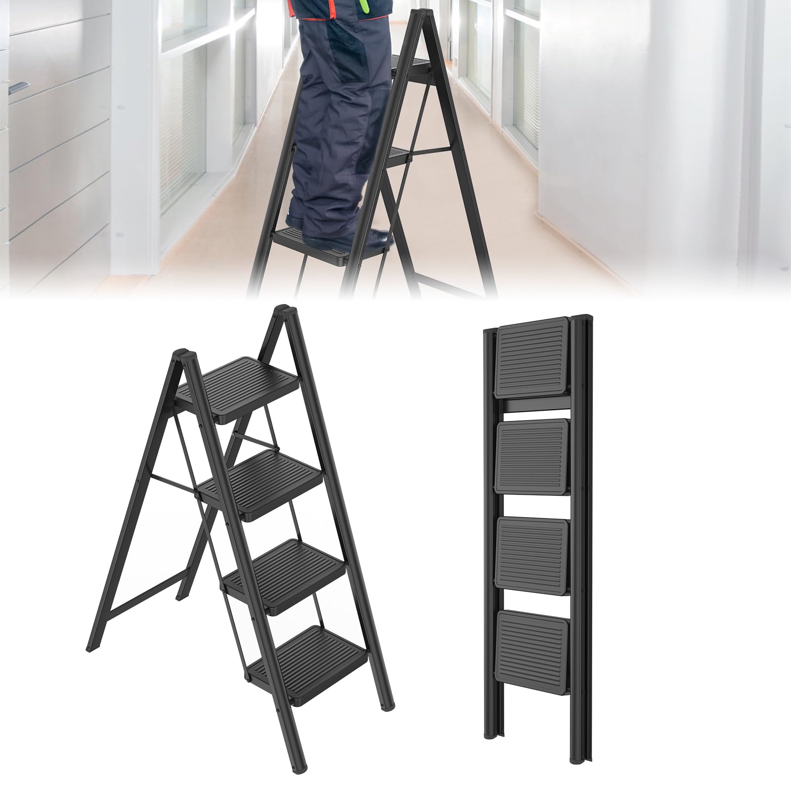 UISEBRT Escalera plegable de 4 peldaños, antideslizante, soporta hasta 250 kg, plegable, para casa, cocina, oficina, color negro