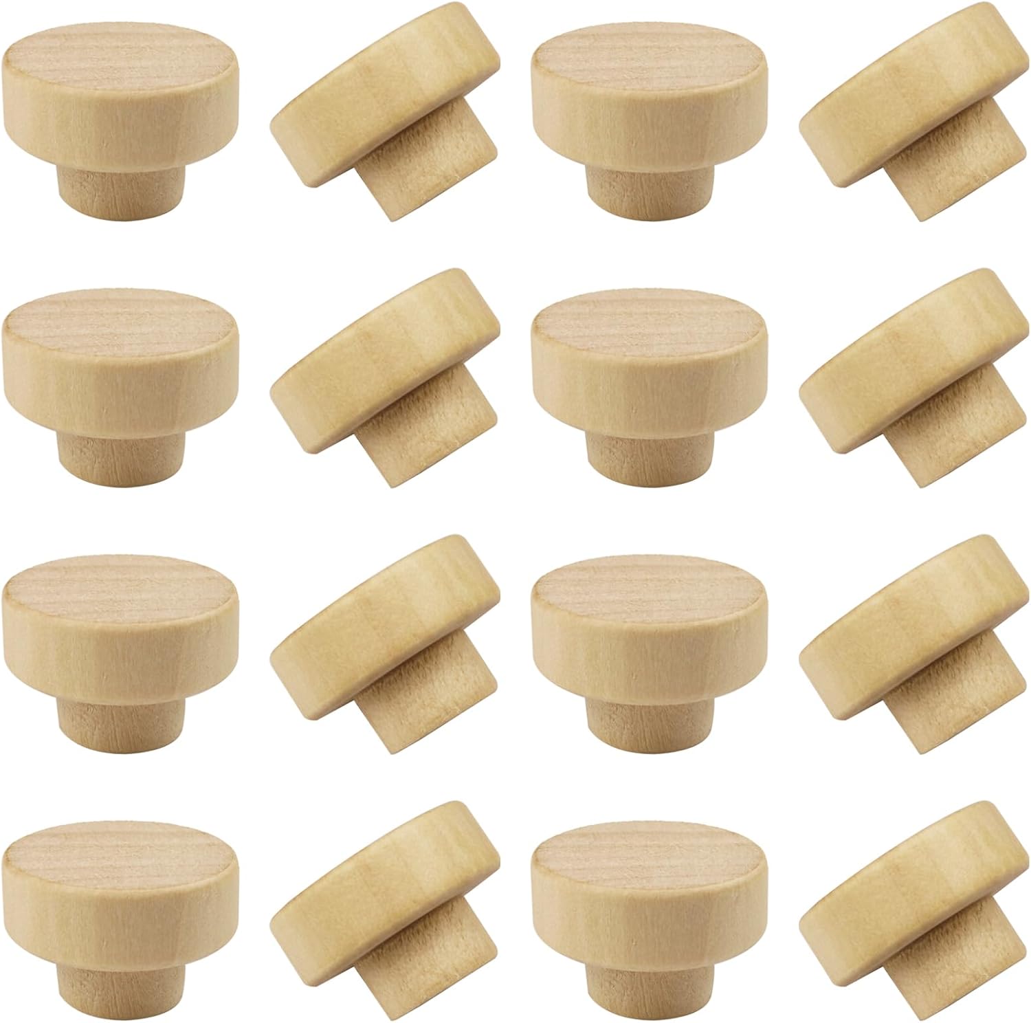 16 Pack Wood Cabinet Knobs 1.53" Flat Top Round Dresser Drawer Knobs Unfinished Furniture Pull Handles Cupboard Door Hardware (Diameter 39mm)