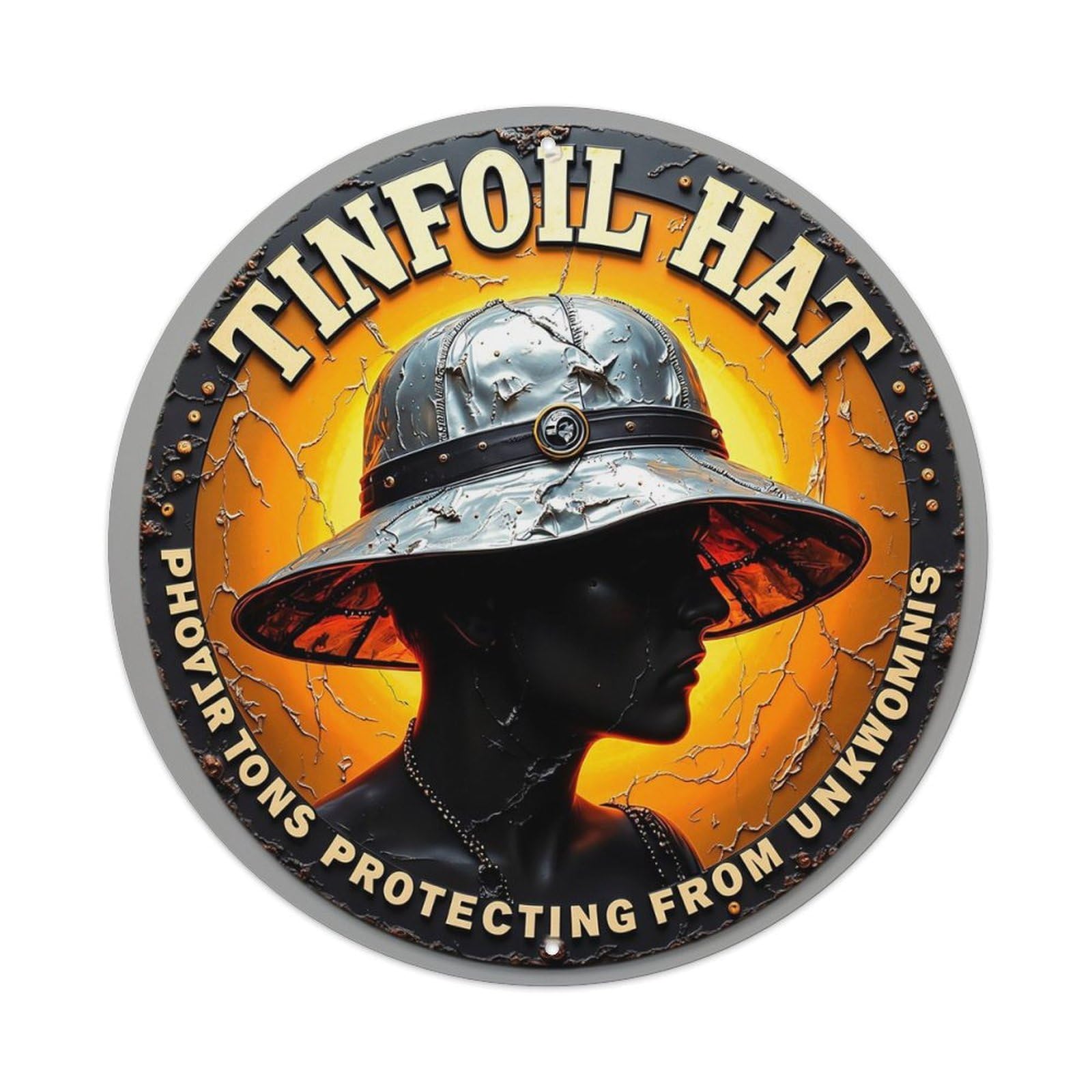 Tinfoil Hat Silhouette With Cracked Background Retro Metal Sign Round Tin Sign, Vintage Decor Art Poster for Bar, Home, Man Cave, Kitchen, Laundry Room Gift 8x8Inch