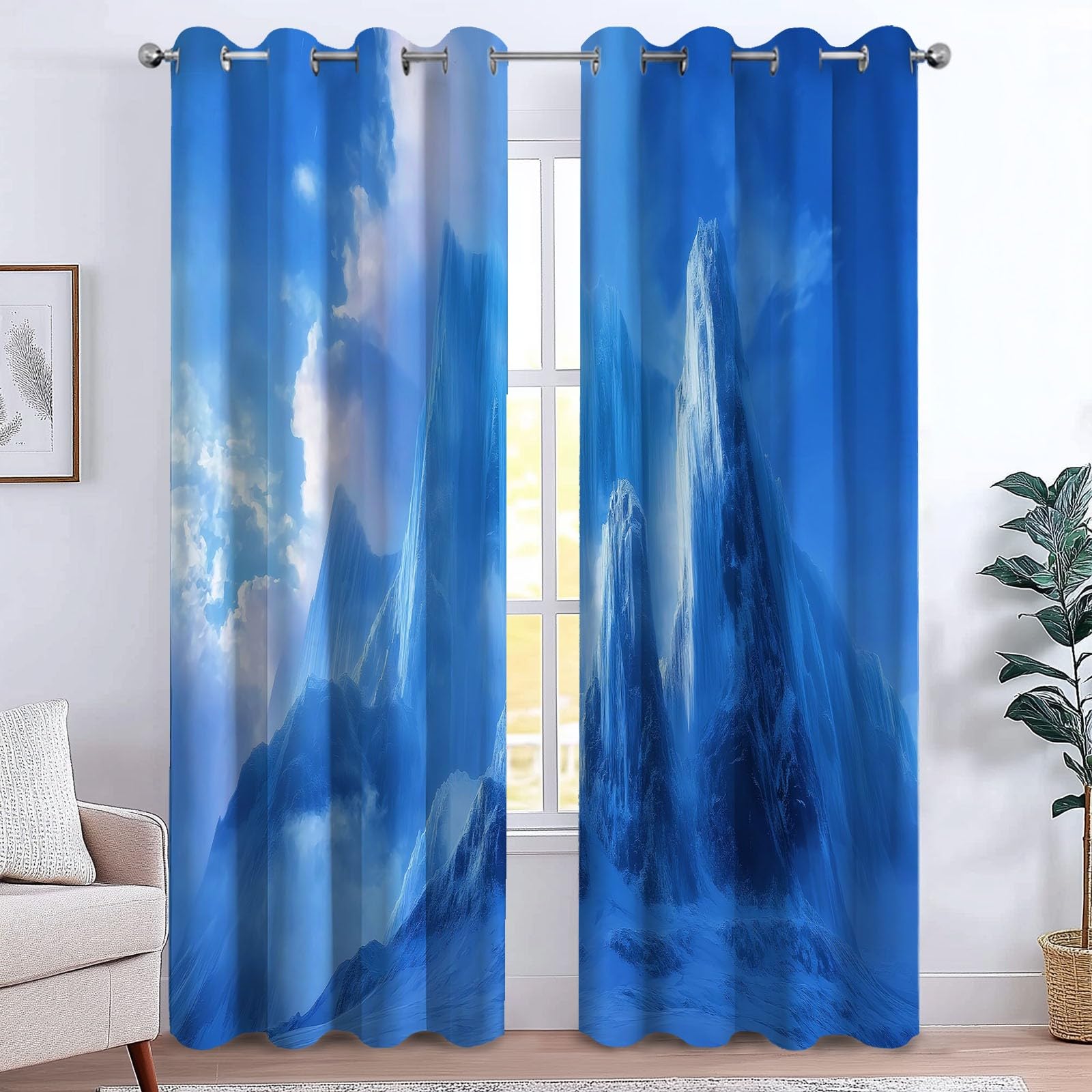 Verdunklungsvorhänge EIS Schnee Kinderzimmer Vorhänge Blickdicht, Blau Thermovorhang mit Ösen, für Schlafzimmer Fenster & Balkon Berge Wolken Nebel Filme - 110 x 215 cm (2er Set)