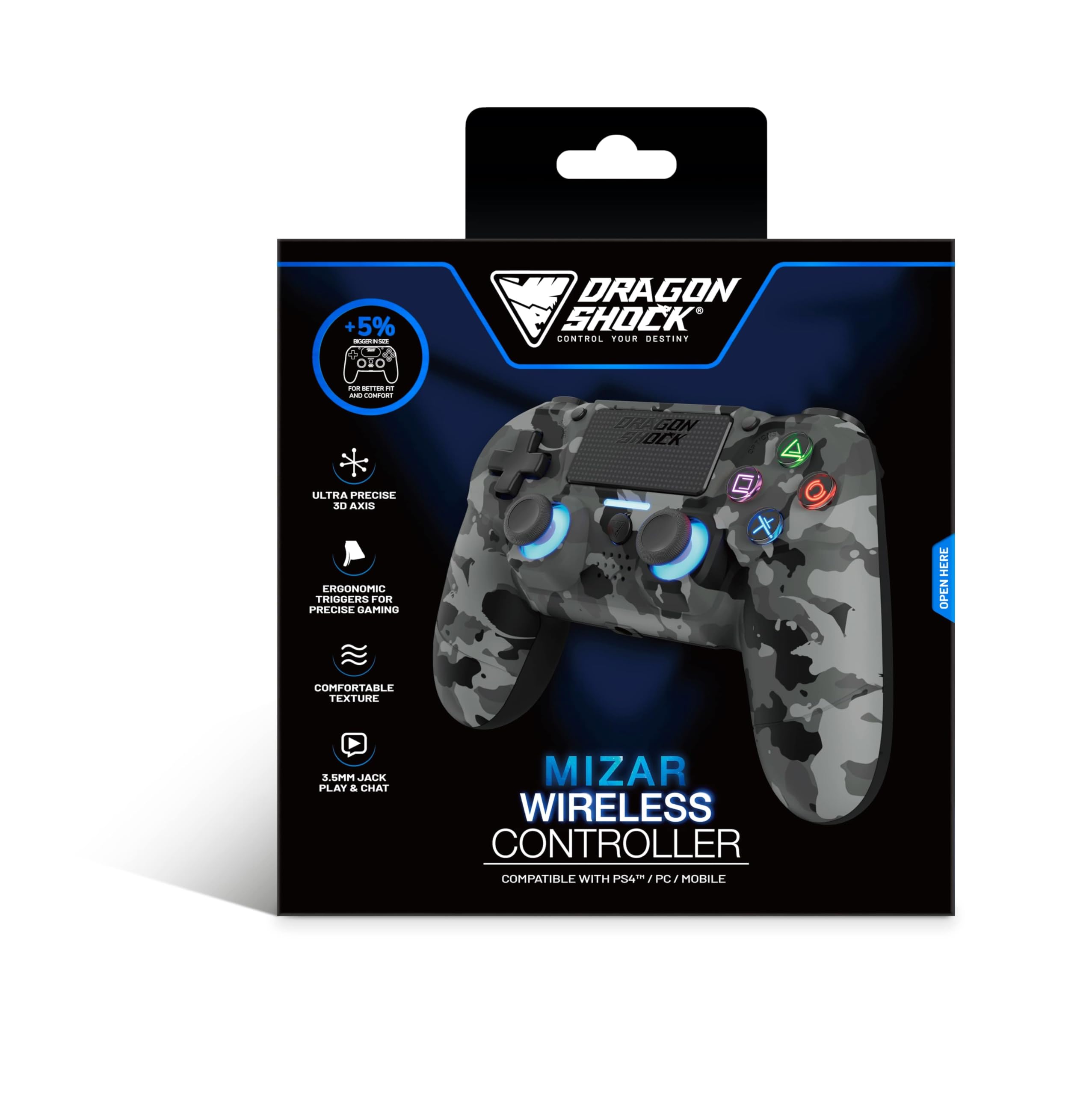 DRAGON SHOCK DragonShock - MIZAR BT - Controlador inalámbrico para PS4, PC y dispositivos móviles (Gris camuflaje)