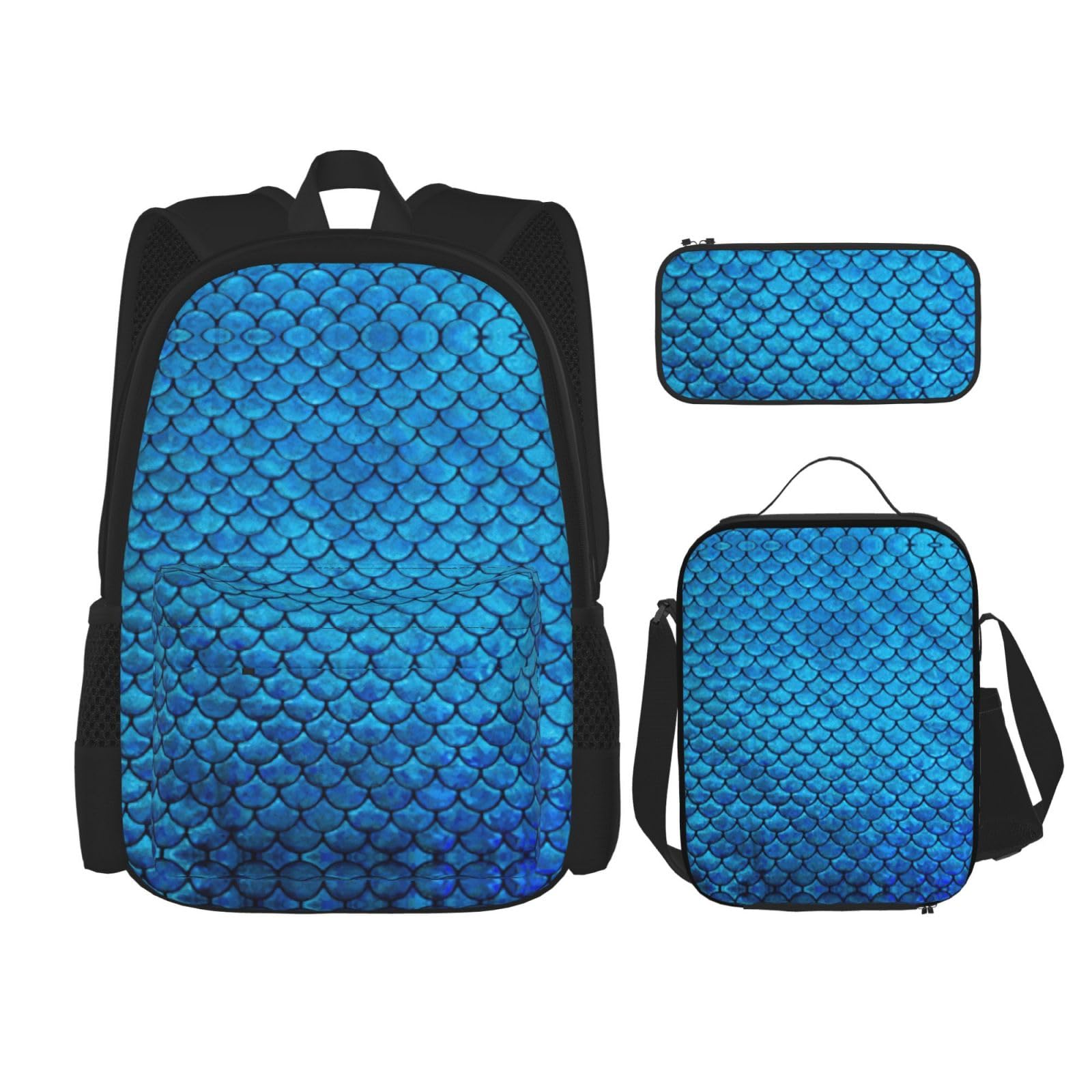 Juego de 3 mochilas escolares con estampado de escamas de peces azules, mochila para laptop resistente al agua de gran capacidad con bolsa de almuerzo aislada y estuche para lápices para